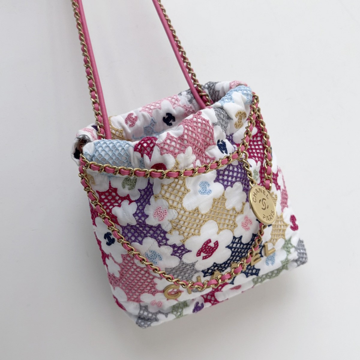 Chanel 24P Floral Embroidery Woven Mini 22Bag Crossbody Gold Tone Hardware