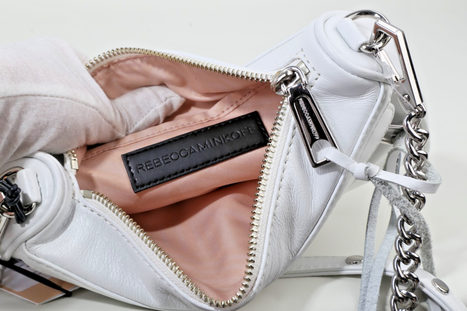 Rebecca Minkoff Mini MAC White Leather Crossbody Bag Silver Chain Dog Clip Purse