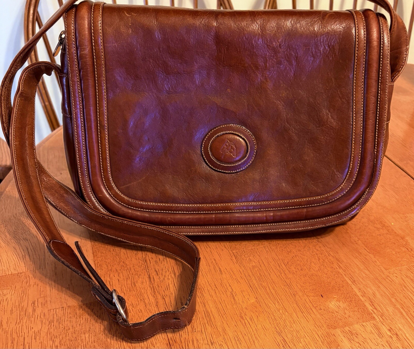 Vintage Genuine Leather Hand Stitched Horse Head Logo Crossbody Brown Cowhide