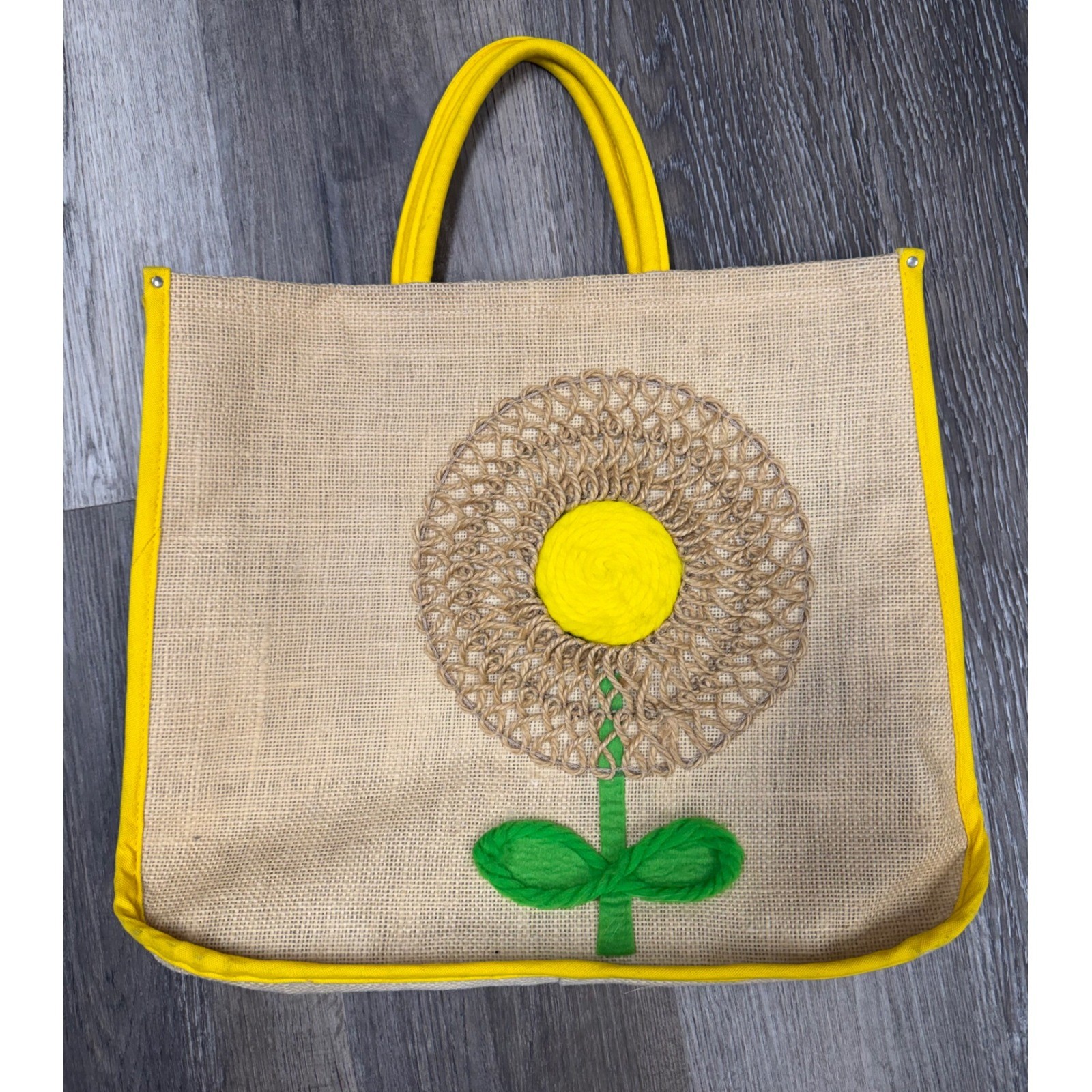 Vintage Paul B Stone Jute Tote Bag Yellow Sunflower Woven Straw Market Bag 70s