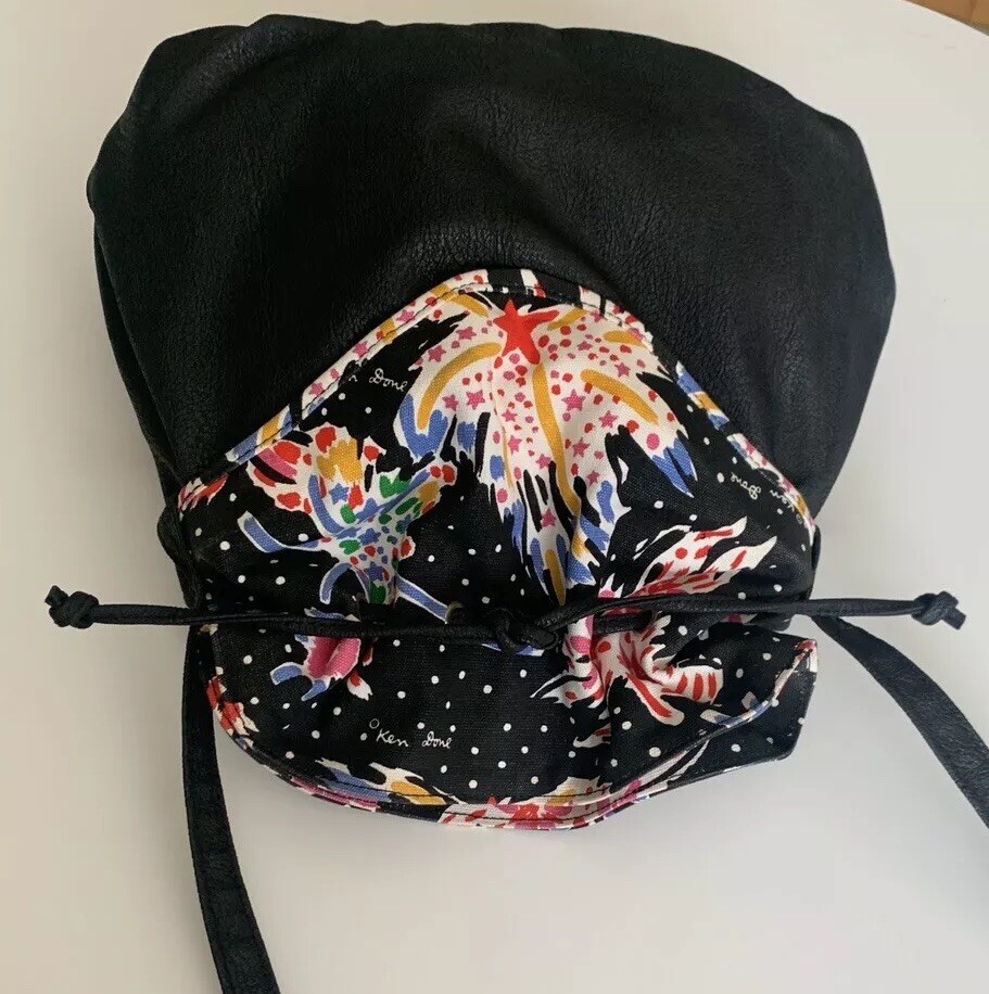 KEN DONE Vintage Medium Drawstring Bucket Bag Floral Canvas Print Shoulder Bag
