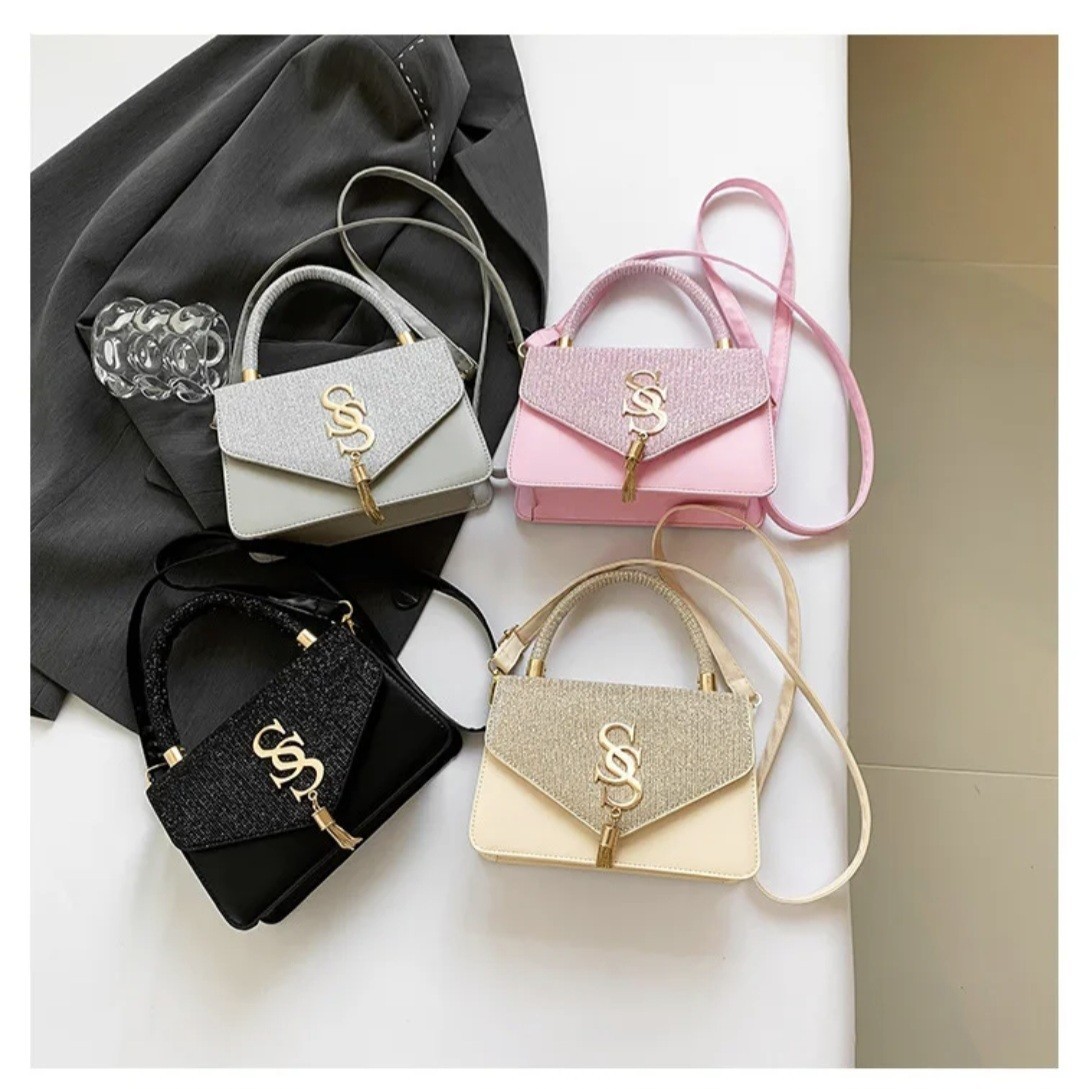 Women’s Small Black Glitter Satchel Top Handle Bag Tassel, Detachable Strap