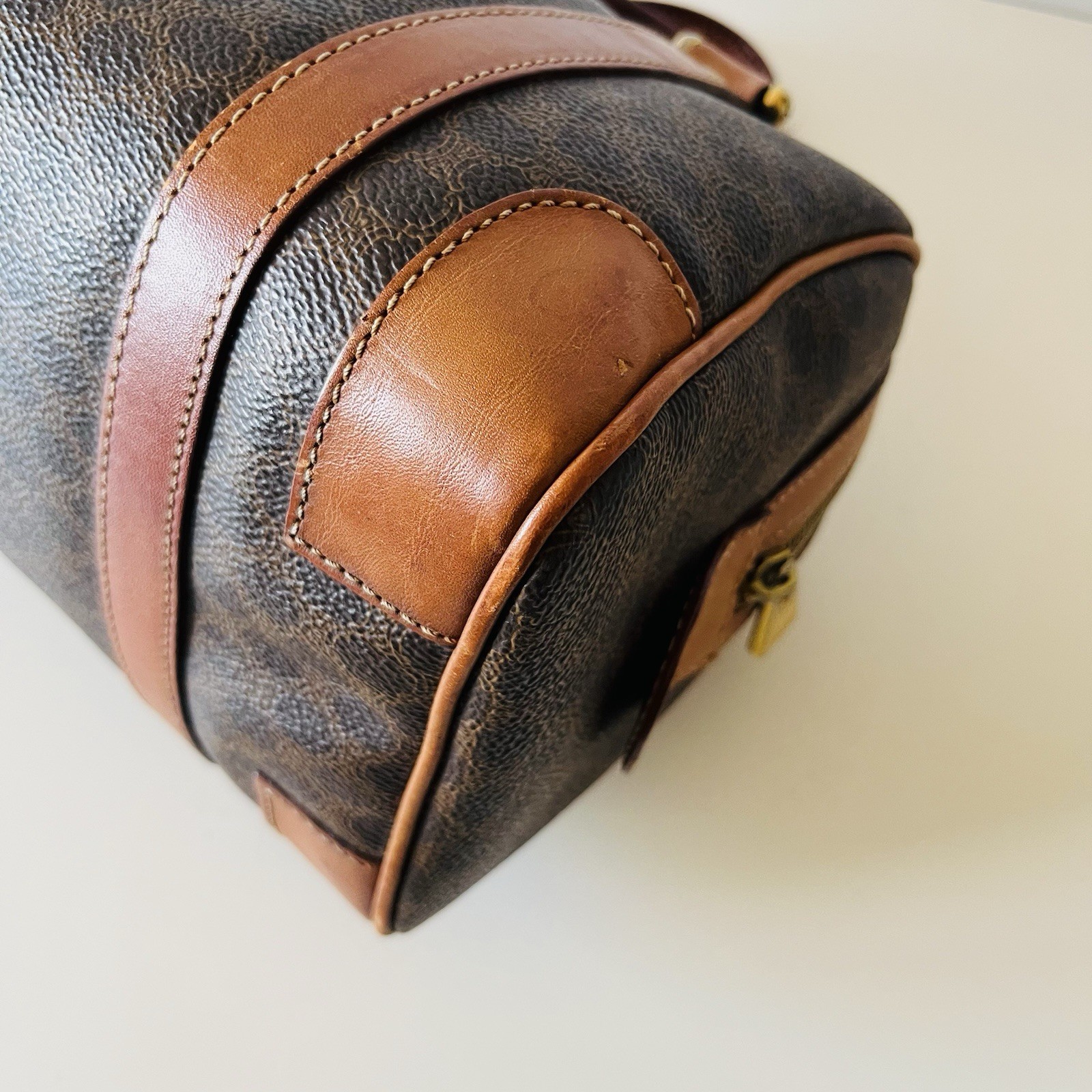 CELINE vintage Macadam Mini Boston Bag handbag Triomphe Logo Brown Leather/PVC