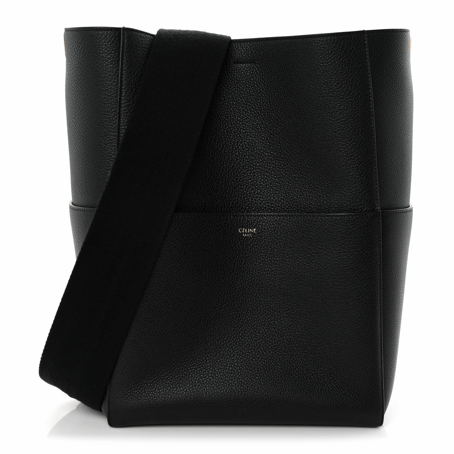 Celine Sangle Large Bucket Shoulder Bag Black Grain Leather