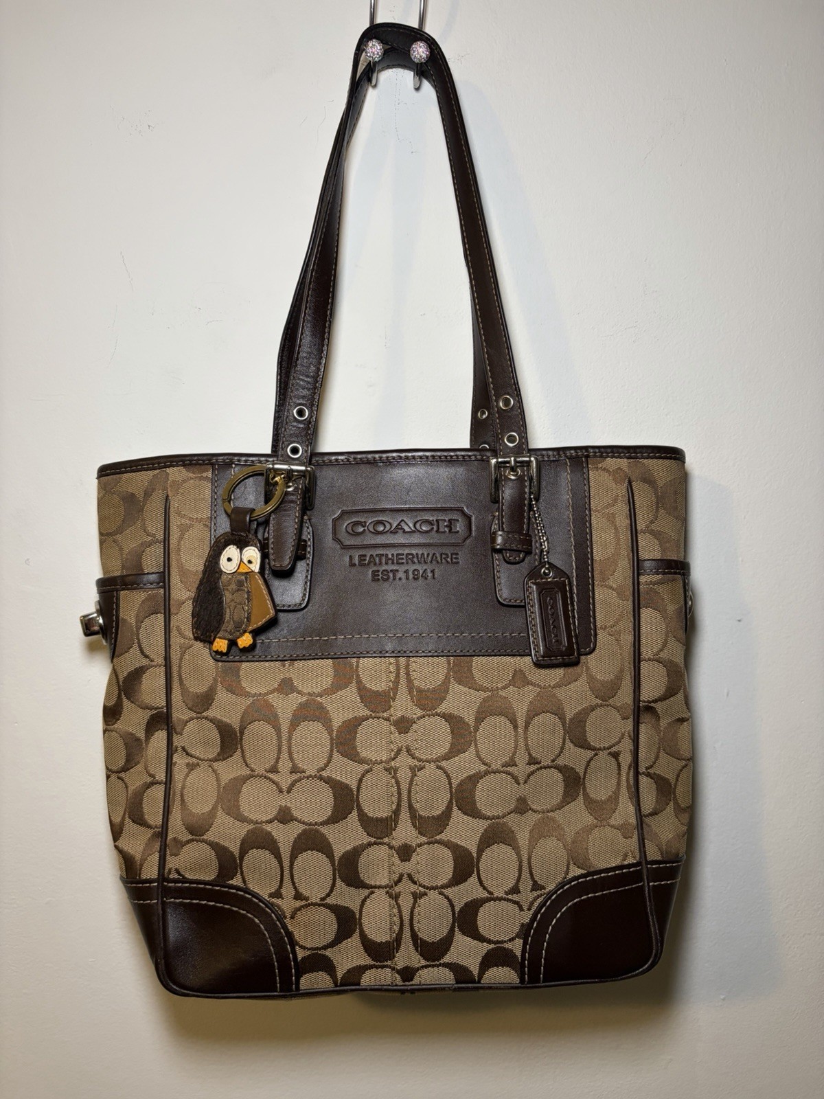 Coach Signature Logo Medium Tote Shoulder Bag Brown Beige Owl Charm
