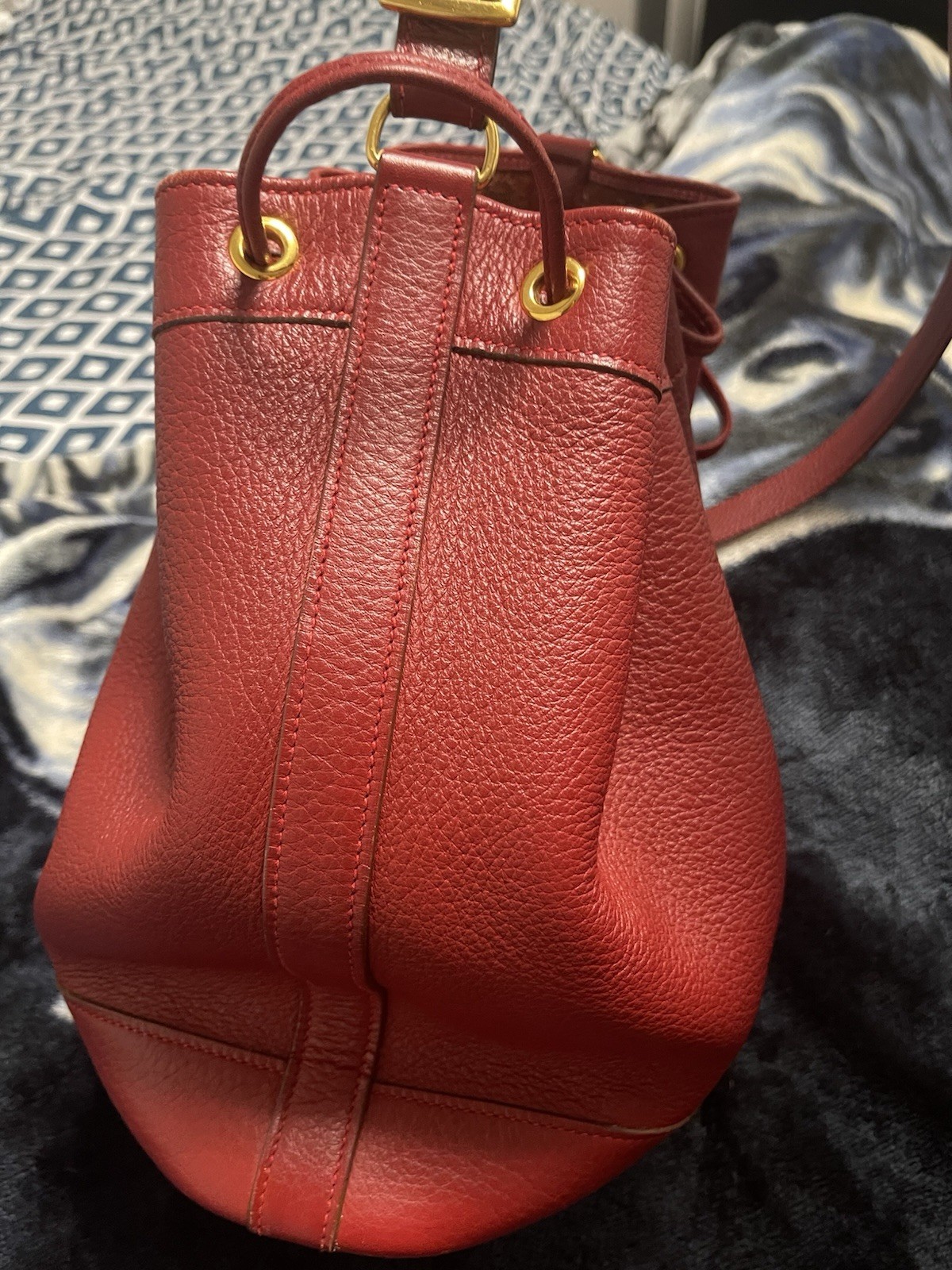 Hermes Red Bucket Drawstring Bag Adjustable Shoulder Strap Gold Buckle Brown