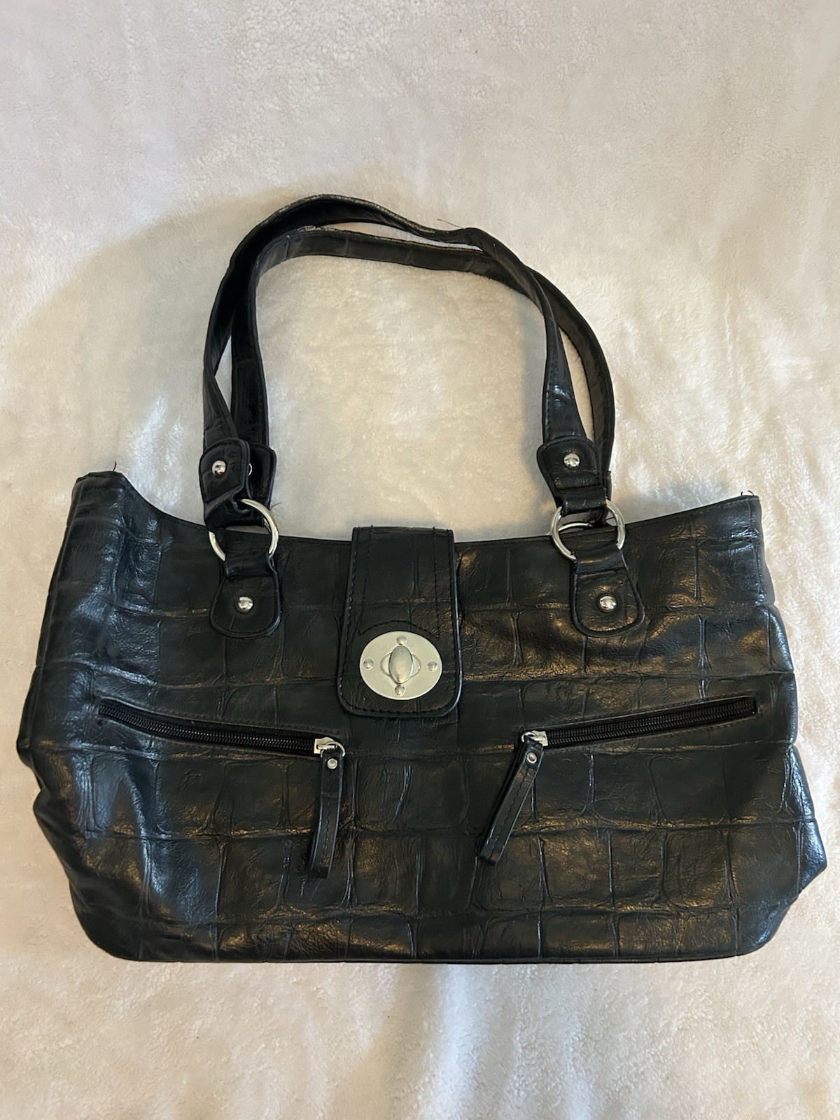 BLACK FAUX ALIGATOR HANDBAG, DOUBLE HANDLES, With Zipper Pockets