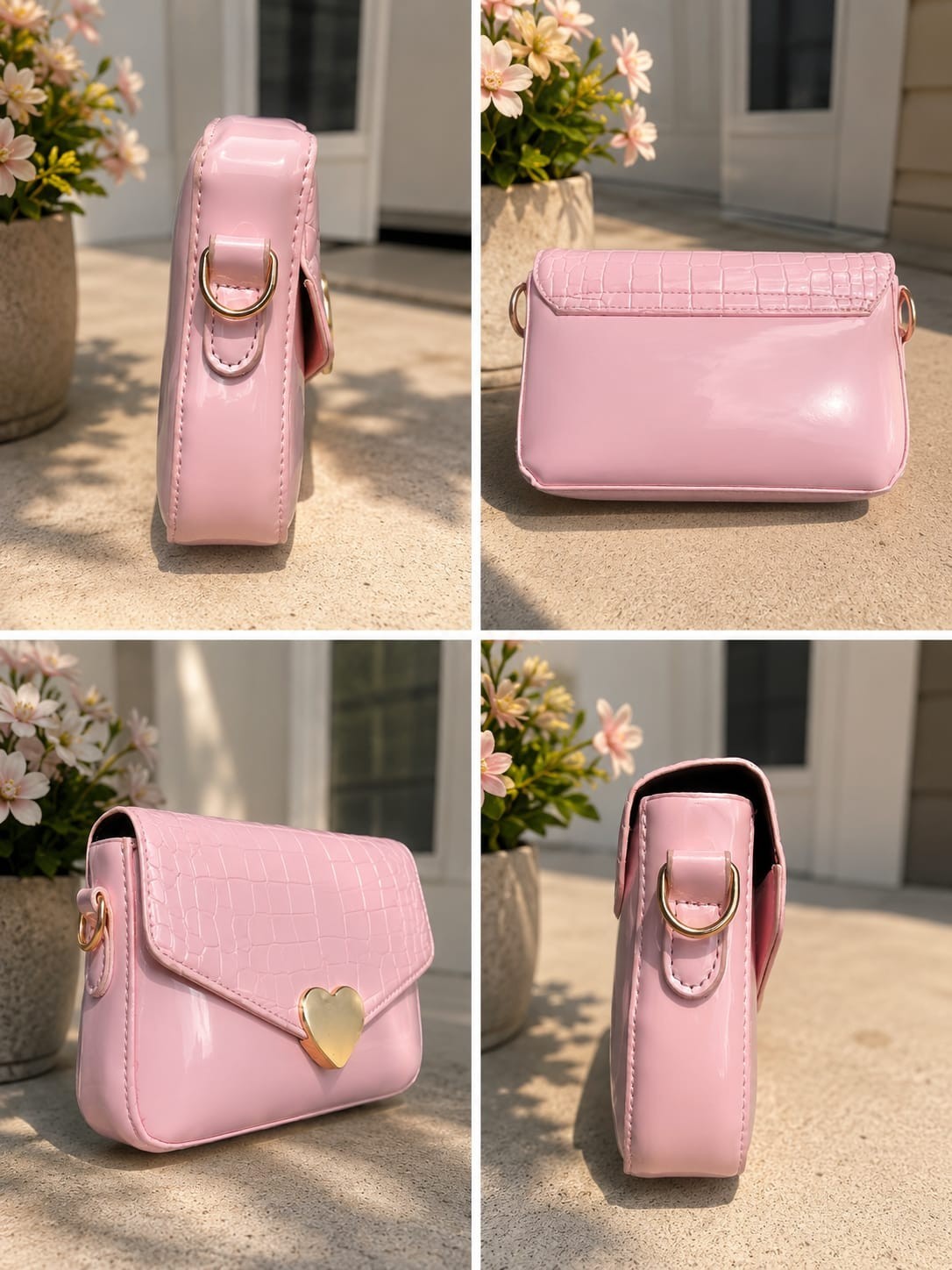 Pink Crocodile Pattern Embossed Rectangle Crossbody Bag Gold Hardware Heart