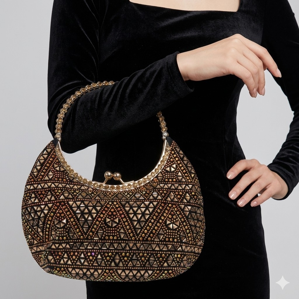 Evening Rhinestone Handbag W/Chain Incl Gold Handle Gold&Pink Hues Kiss Lock NEW