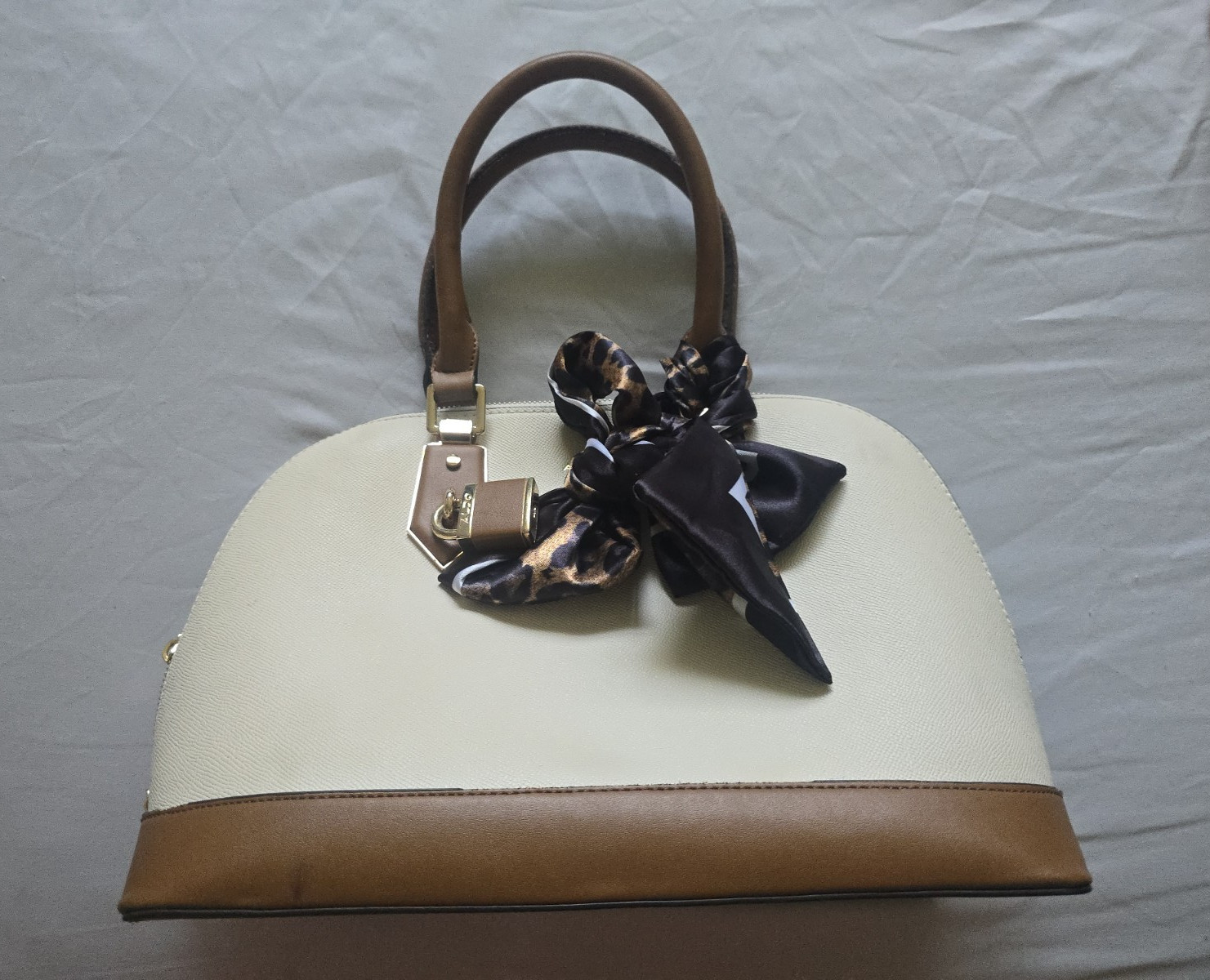 ALDO Two-Tone Beige Brown Satchel Top Handle Zip Gold Padlock Charm Pockets