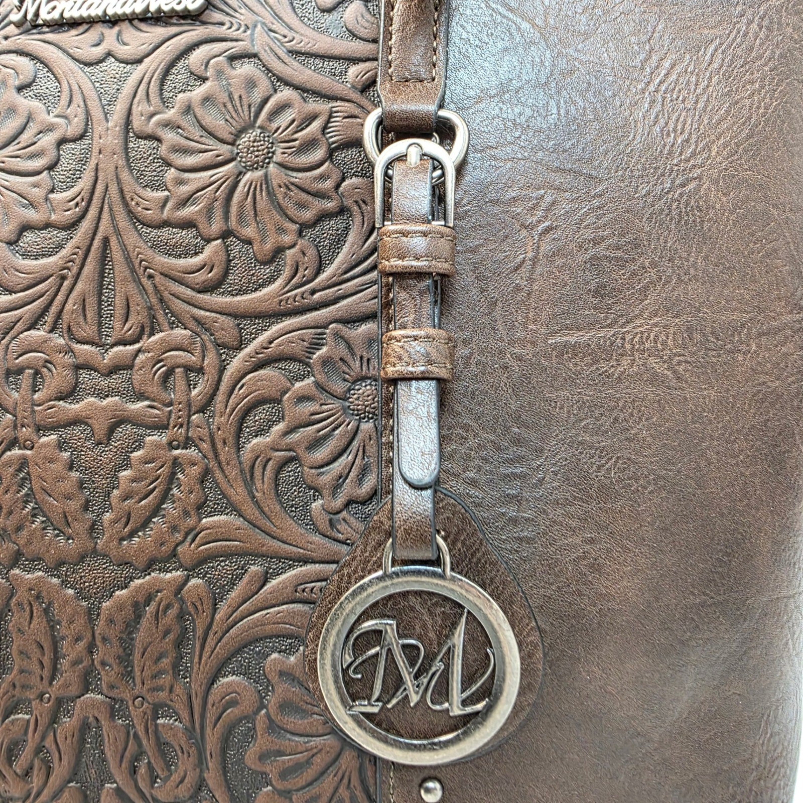 Montana West 2-Piece Tote Set Brown Vegan Leather Floral Embossed NWT
