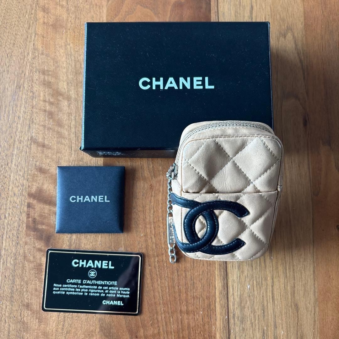 CHANEL Cambon Line Cigarette Case Pouch CC Logo Quilted Leather Beige w/ Box