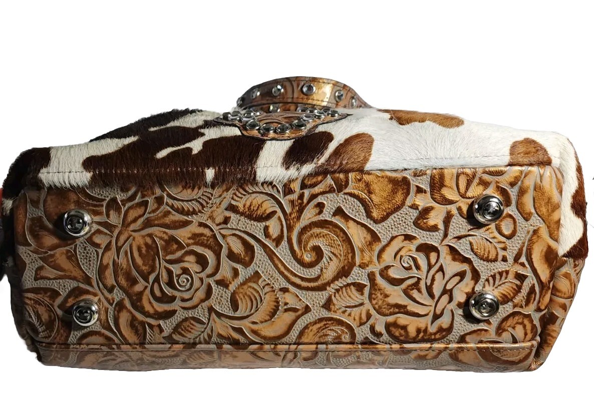 RAVIANI SUSANNE’S CRYSTAL EMBELLISHED 3D CROSS & ROSES CALF HAIR ON LG TOTE $545