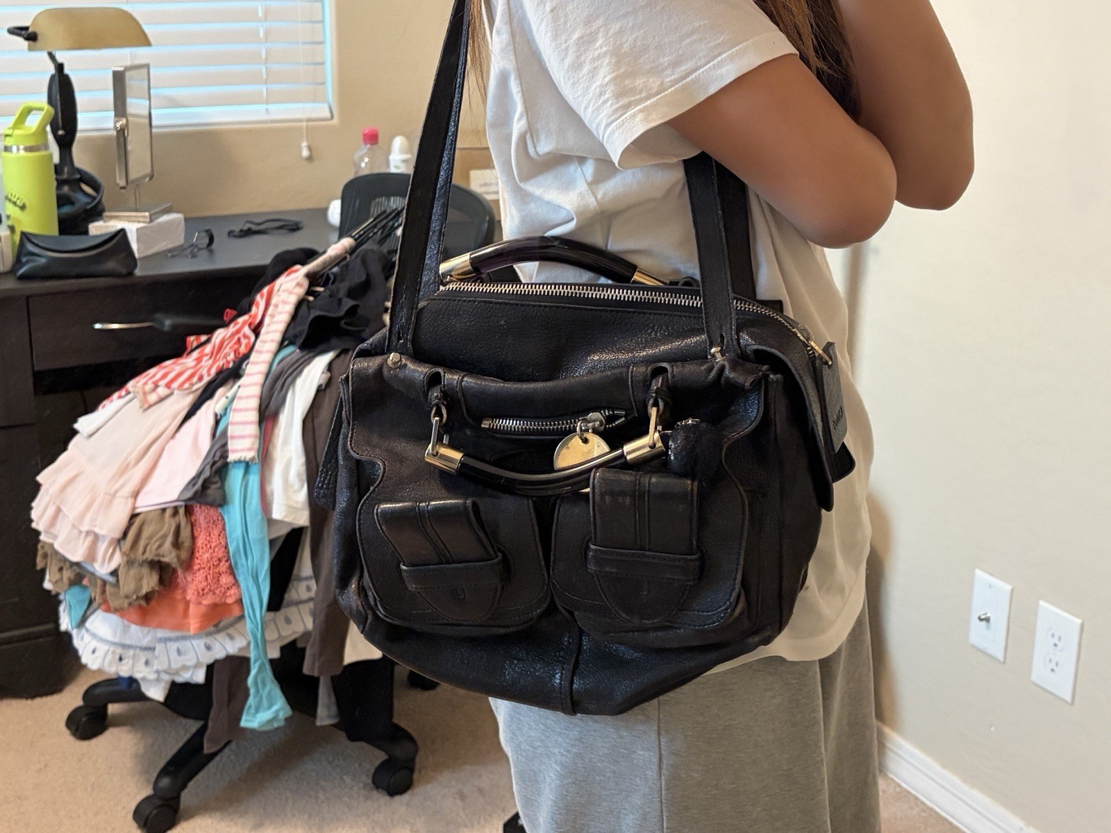 Vintage Chloe Saskia Black Leather Satcher Shoulder Bag acrylic handles 2 way