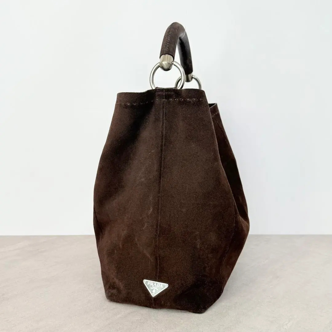 PRADA Scamosciato Met BR1943 Suede Hobo Tote Bag Dark Brown Triangle Logo GC