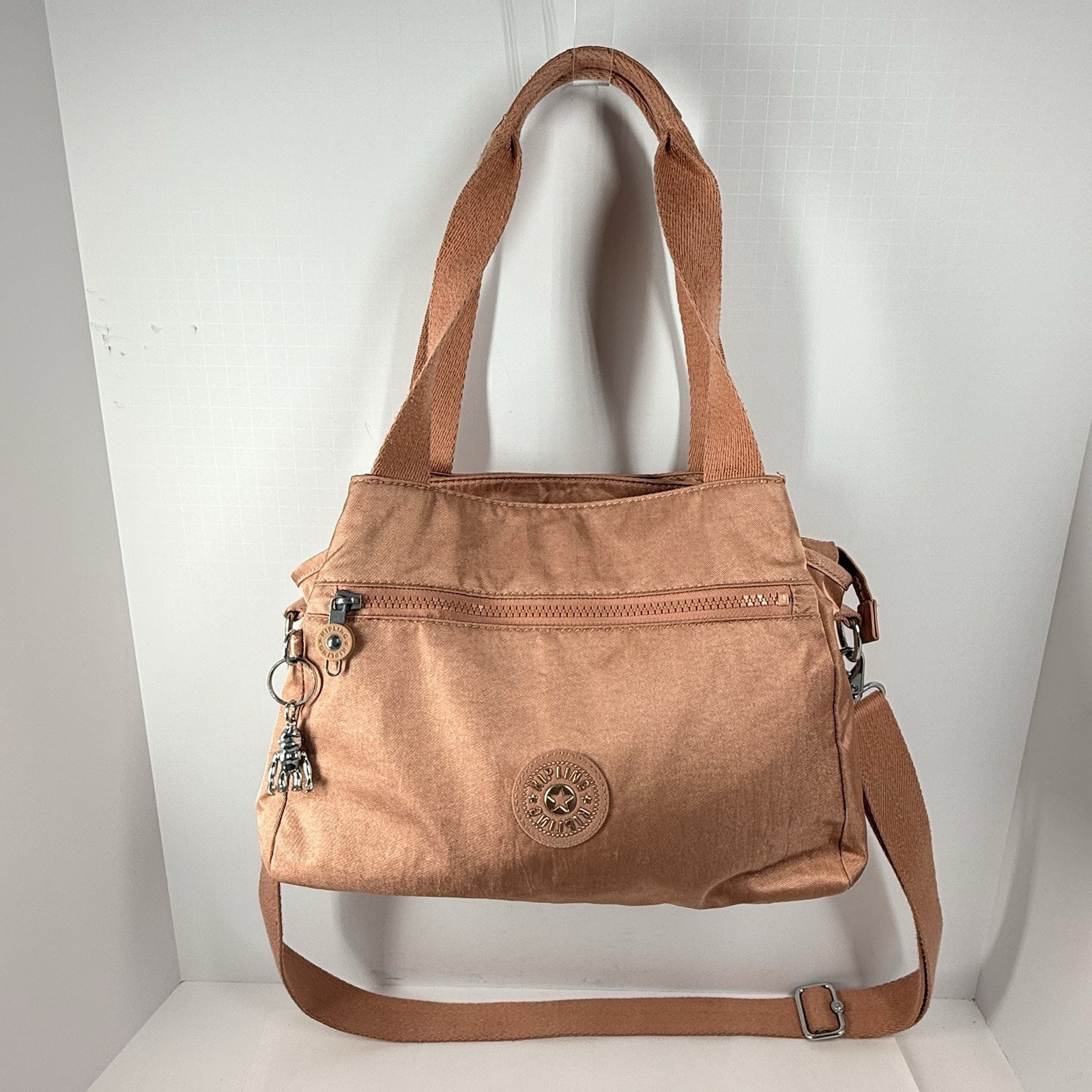 Kipling Elysia Crossbody Bag Pink Shimmer Nylon Travel Silver Monkey Key Chain