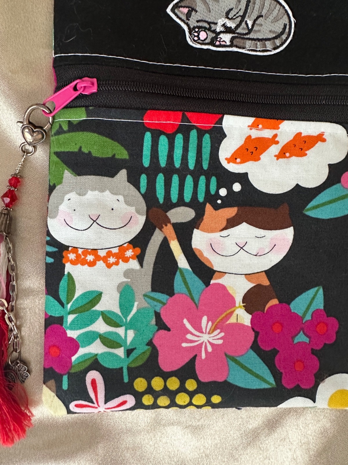 Small CROSSBODY cell phone bag, CAT, tassel, HANDMADE, gift, 8×6 in, black, pink