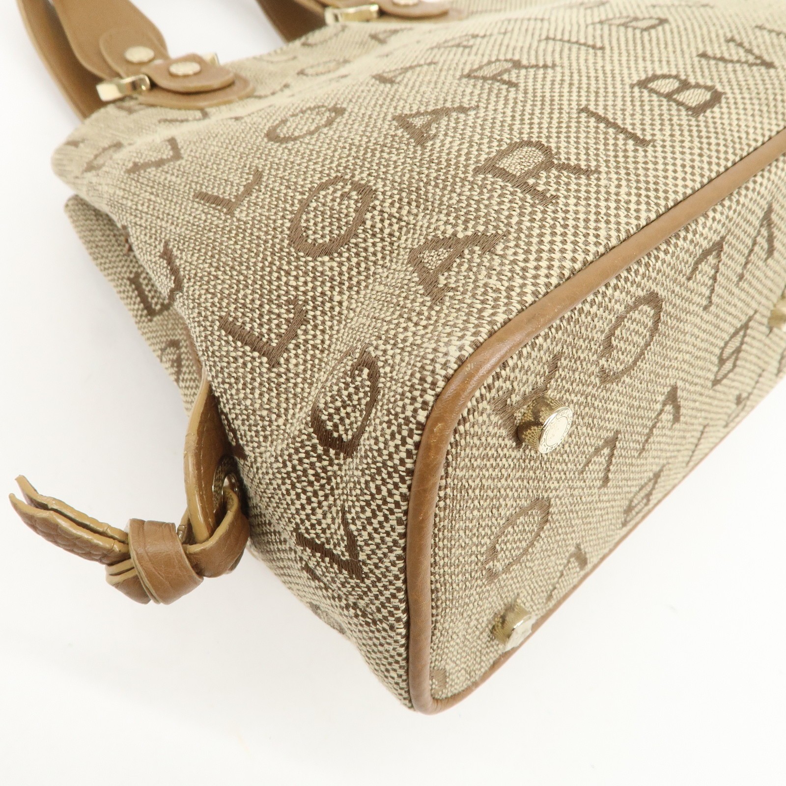 BVLGARI Logo Mania Canvas Leather Hand Bag Light Brown Authentic Used F/S