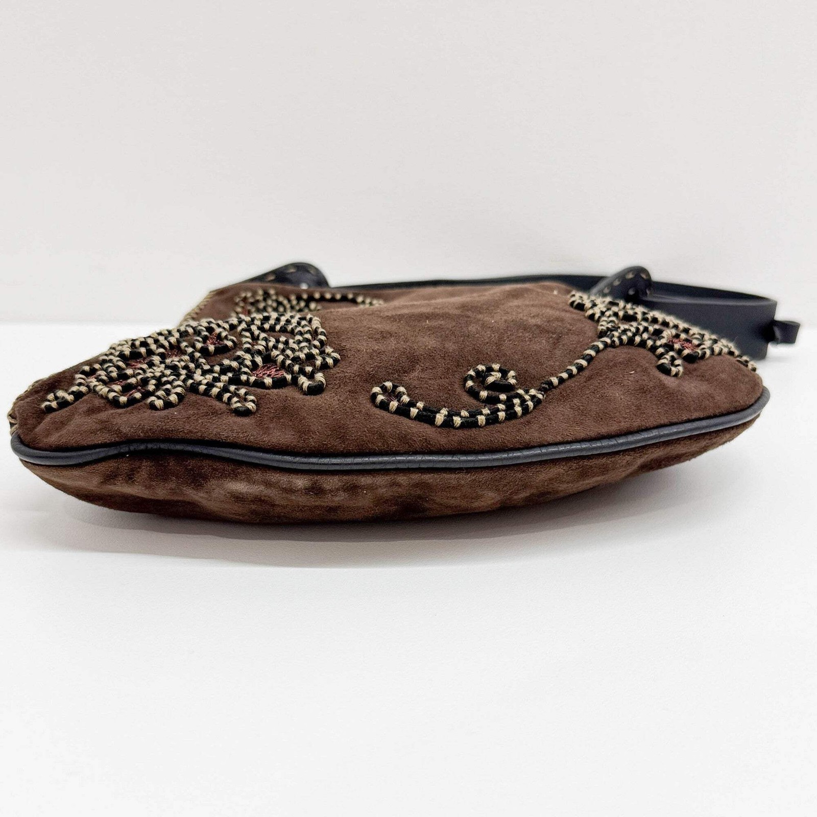 FENDI Selleria Oyster Embroidered Brown Suede Shoulder Bag