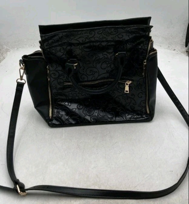Brenice ~ Black Leather ~ Floral Embossed Detachable Strap Double Handle Satchel