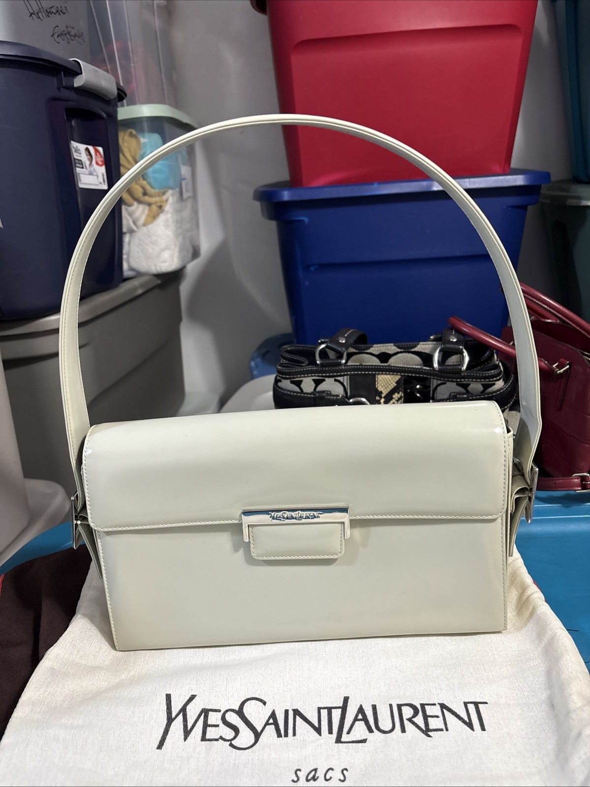 Yes Saint Laurent Structure Leather Shoulder Bag Cream Mint