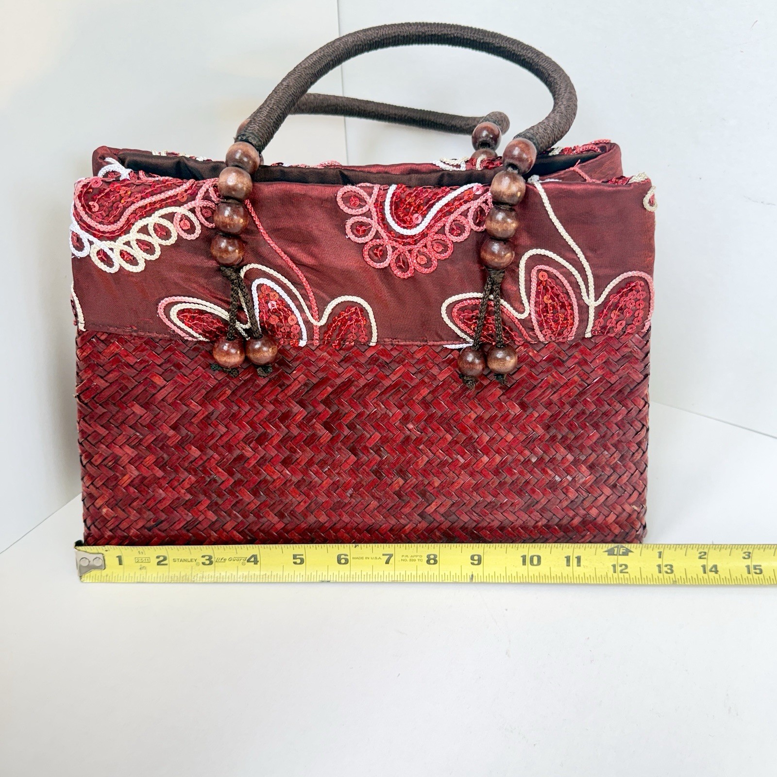 Woven Wicker Straw Red Boho Purse Shoulder Bag Handbag Sequins Beads Embroidered
