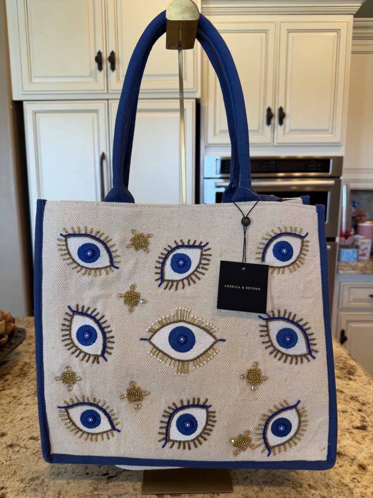 America & Beyond Evil Eye Beaded Embroidered Tote Blue/Beige/Gold Magnetic