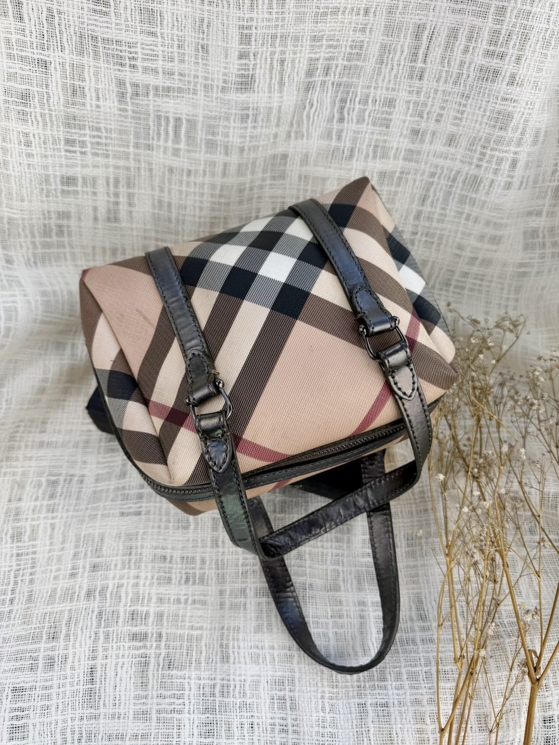 Burberry Nova check mini Boston handbag Beige Check Canvas Leather