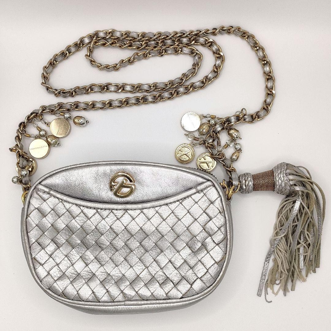 Francesco Biasia Woven Chain Shoulder Bag Leather in Silver USED Good Condition