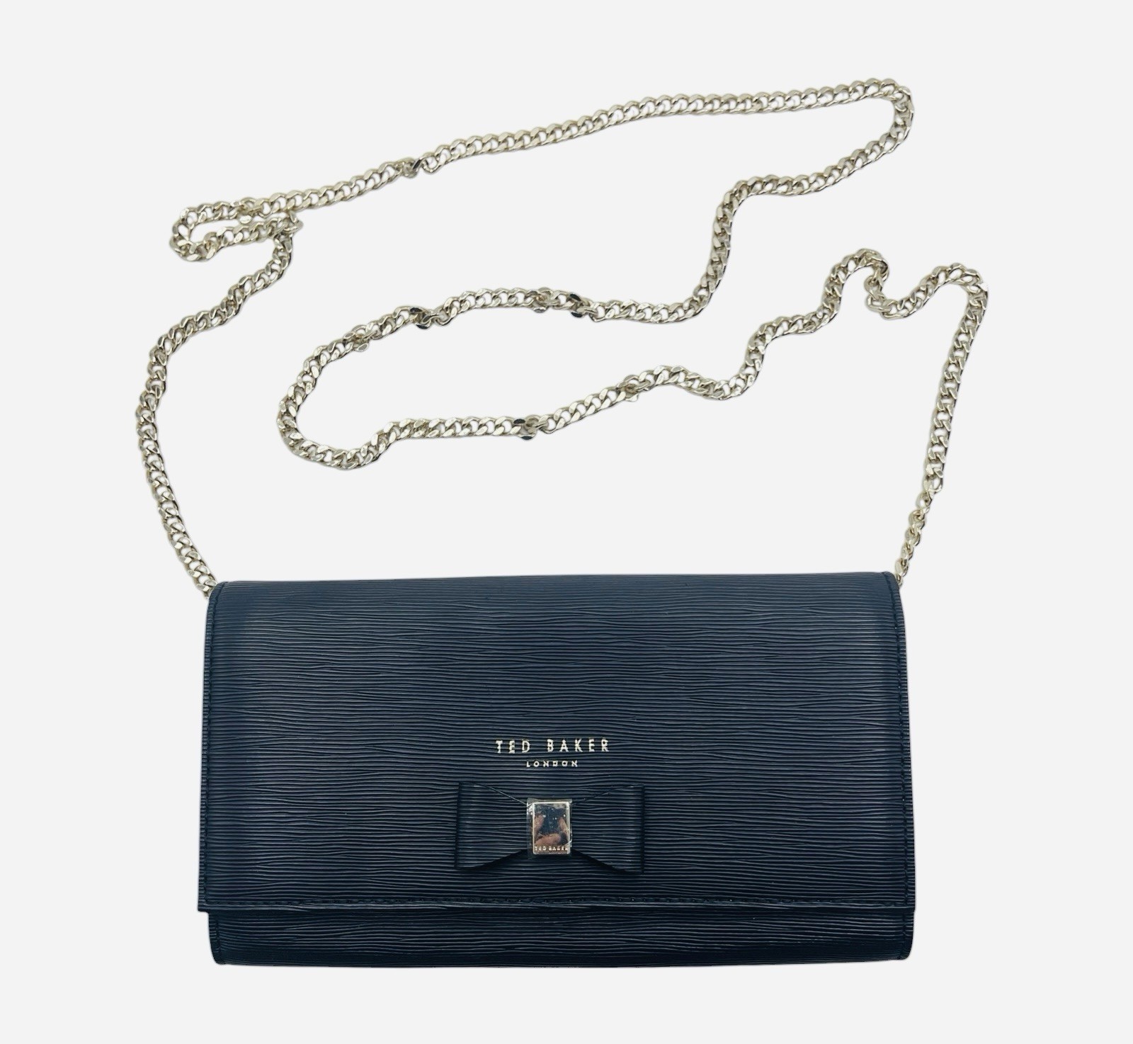 TED BAKER Black Ribbed Leather Bifold Convertible Wallet Crossbody Chain Strap