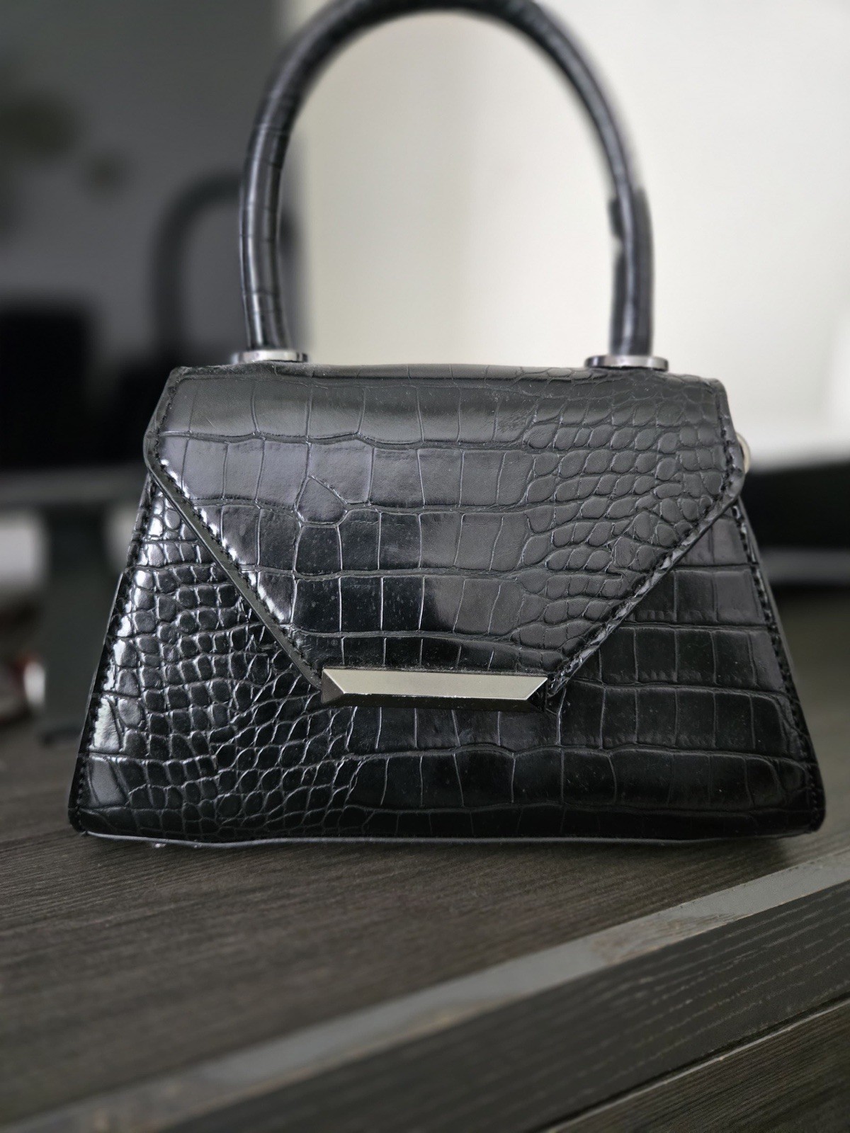 Black Croc Embossed Mini Satchel Top Aldo Bag Zip Closure Detachable Strap ald