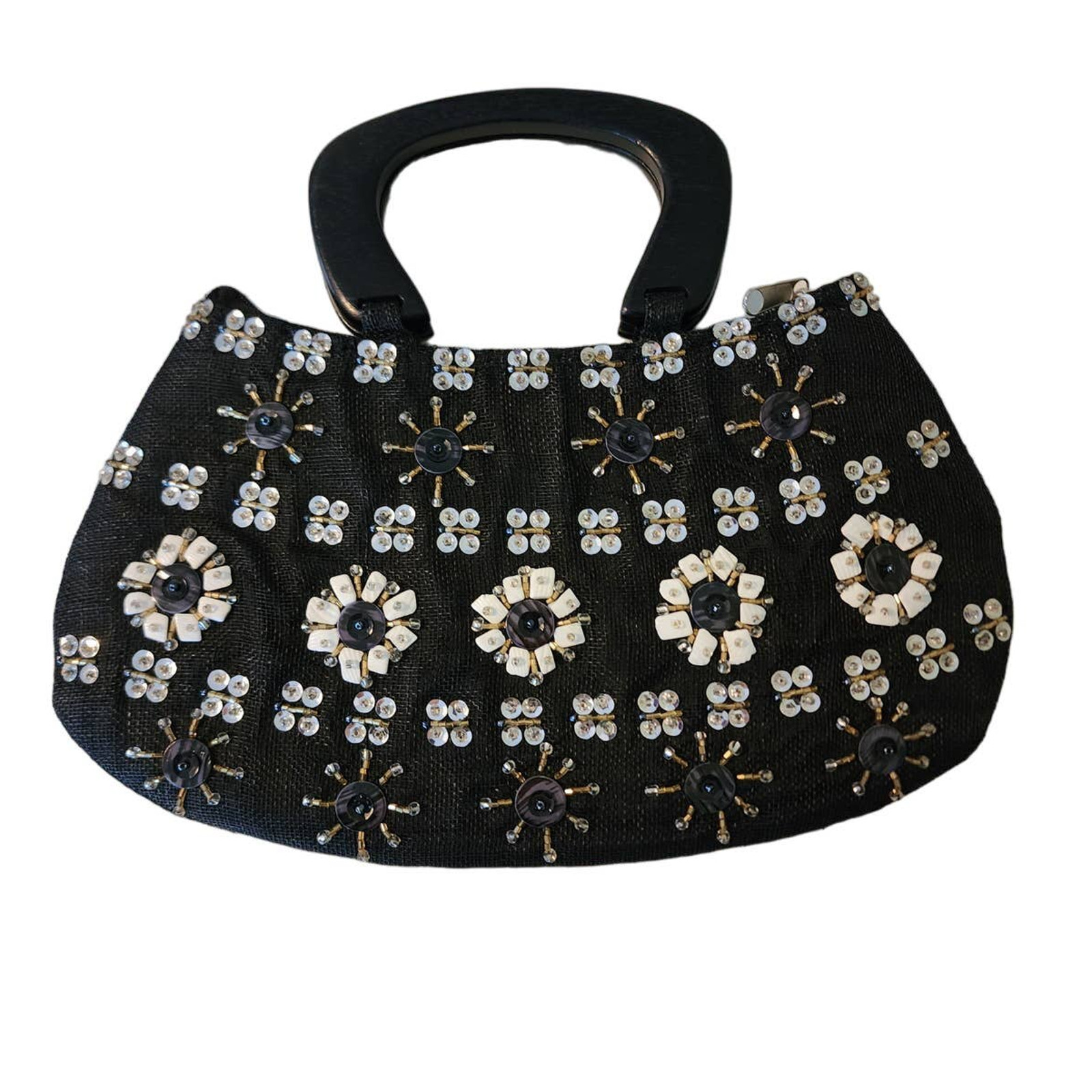 Vintage Style Black Woven Floral Beaded Satchel Purse Stacey Designs