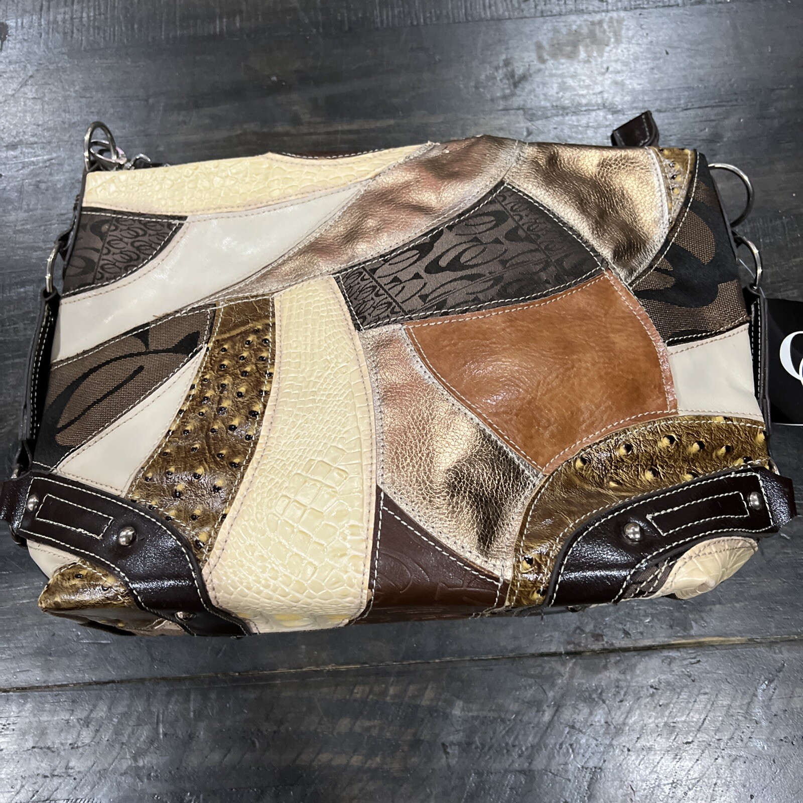 New~Brown And Gold Patchwork CLETO Single Strap Shoulder Bag~Multi-Colored