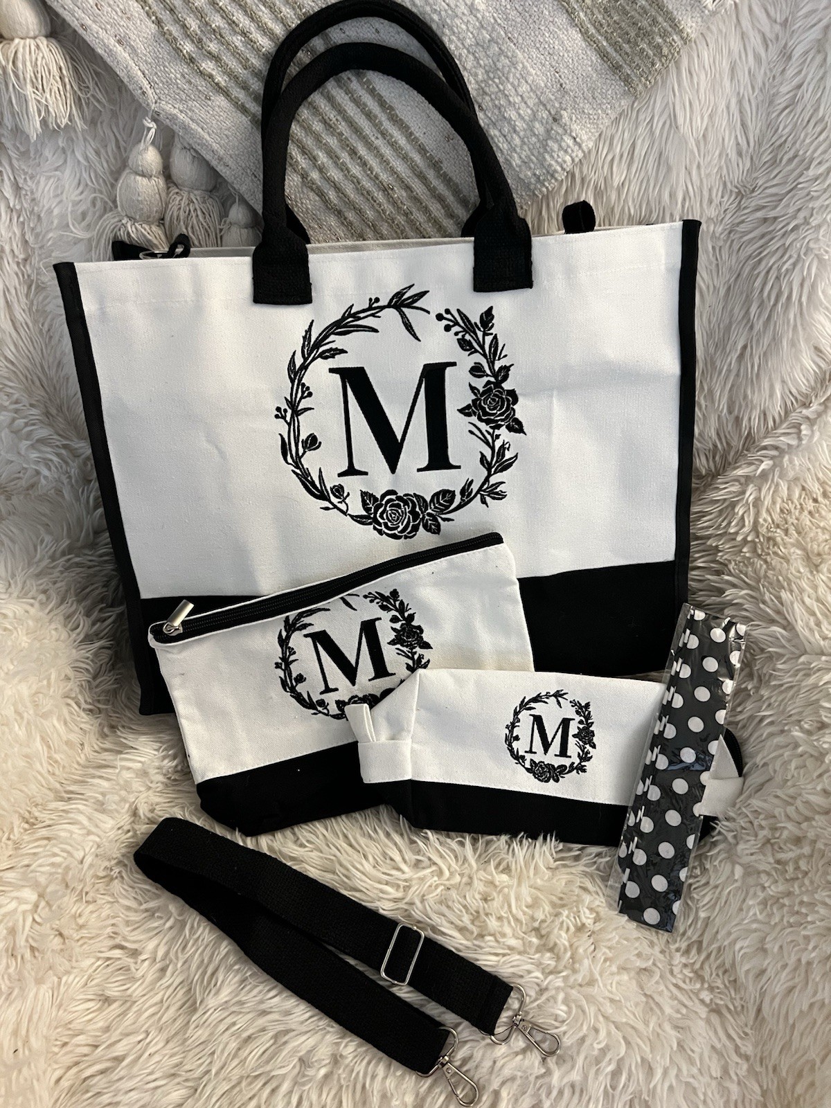 Monogram M Canvas Tote Bag With Black Handles & Accents Inside Pocket
