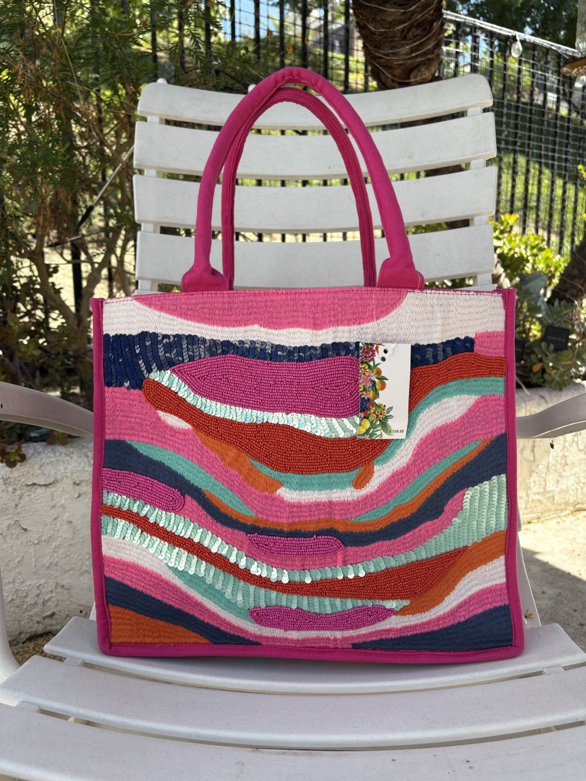 America & Beyond Beaded Sequin Striped Canvas Tote Bag Pink Sand Limited Ed NWT