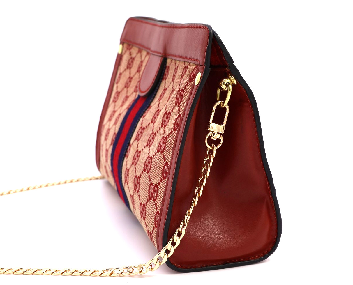 GUCCI VINTAGE GG Canvas Shoulder Bag Chain Strap Sherry Red Rare Authentic