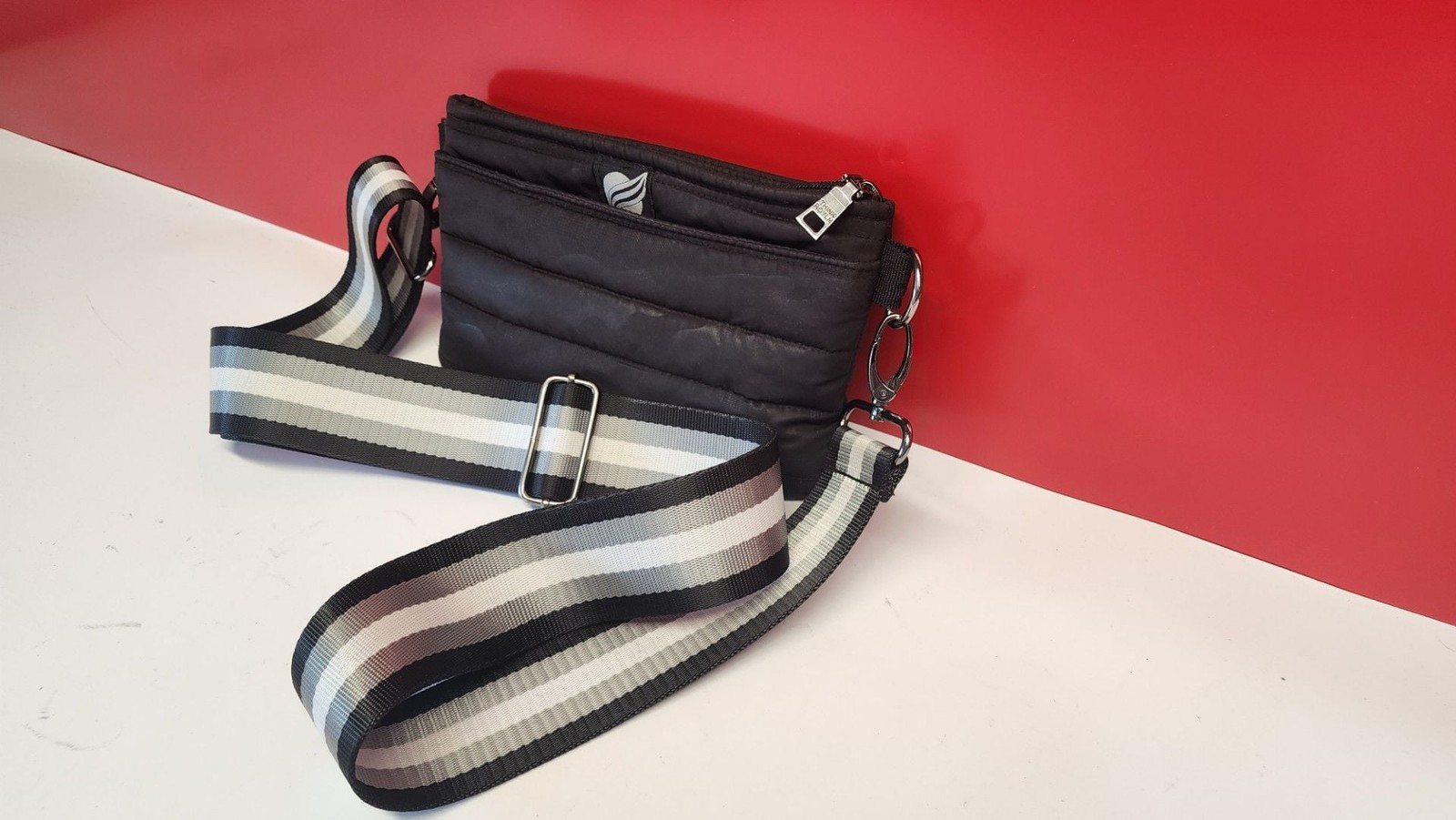 Think Royln Black Camo Puffer Crossbody Bag with Tricolor Strap