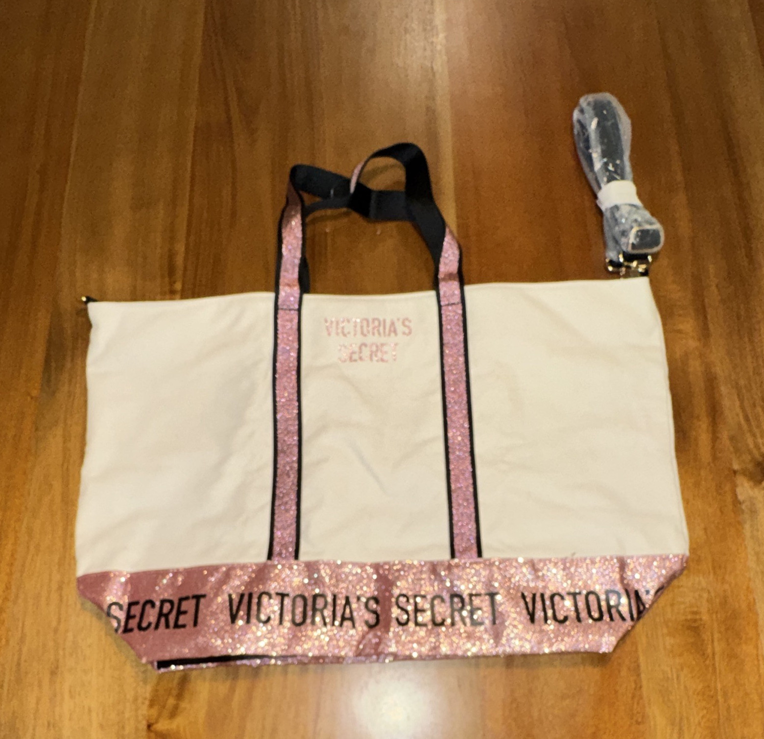 Victoria’s Secret White Tote, Pink Glitter Logo, Zip Top, Detachable Strap