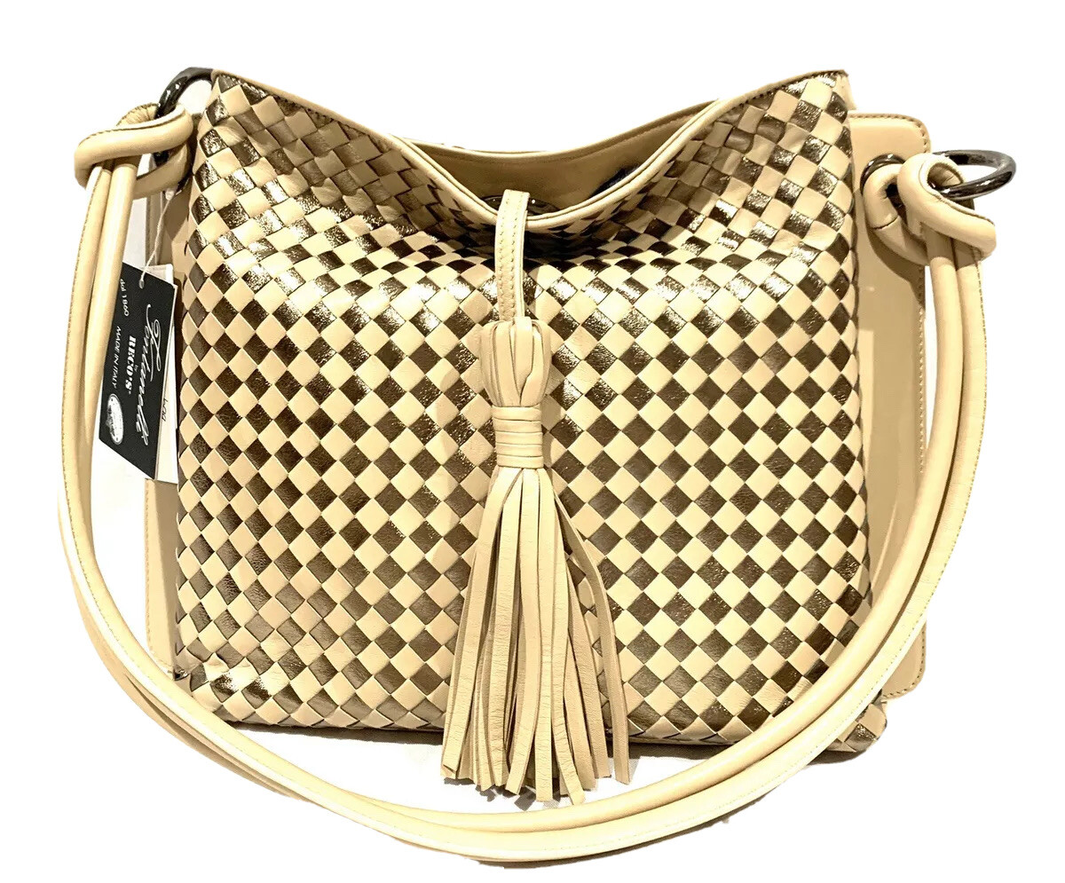 5562-WOVEN LAMBSKIN LEATHER HANDBAG-Tan/Bronze