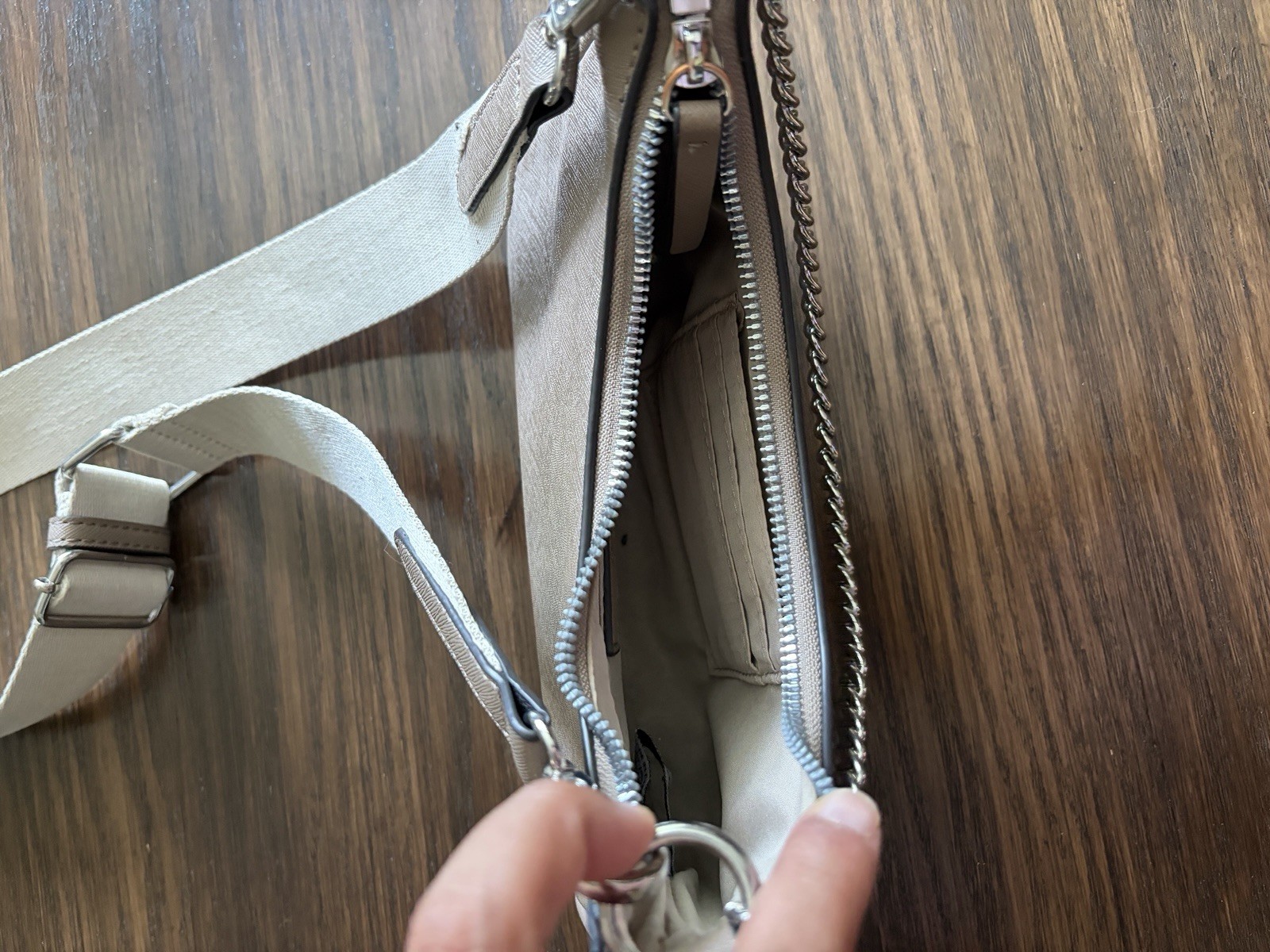 Nine West Beige Solid Crossbody Bag, Zip Closure, Adjustable Strap, Silver