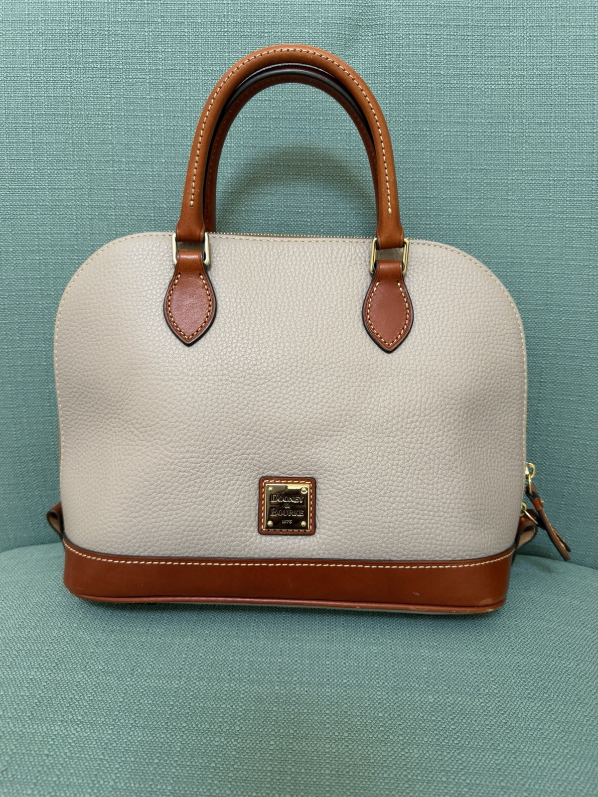 Dooney & Bourke Leather Zip Zip Satchel Handbag -lilac w/brown leather trim