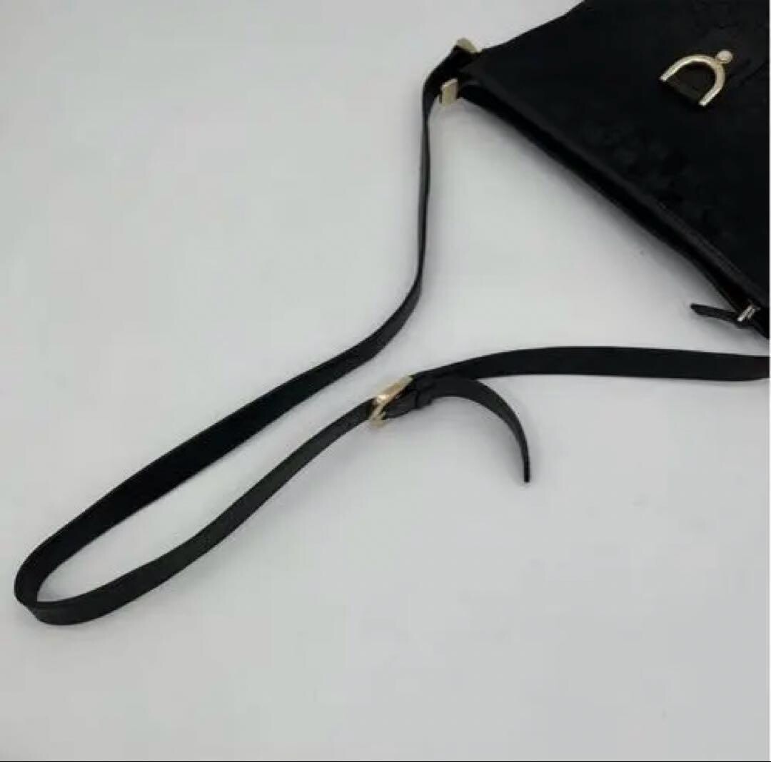 GUCCI GG Canvas Flat Shoulder Bag Black Leather Crossbody Messenger 131326 Purse