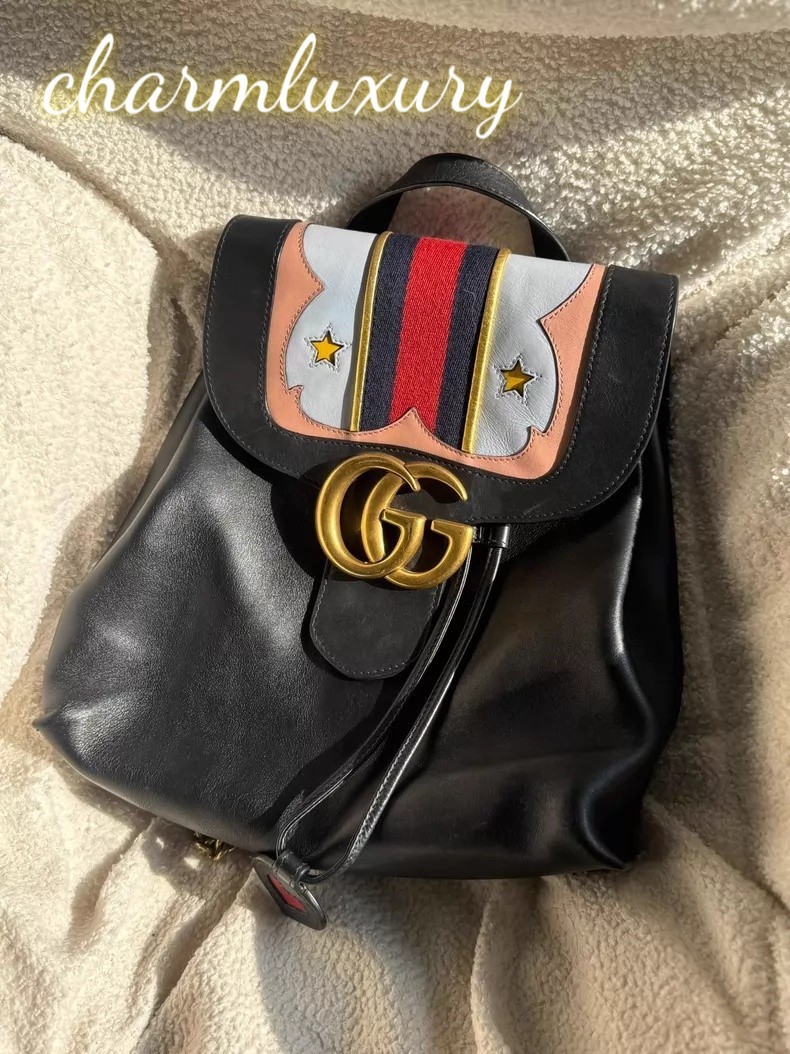 Gucci Leather GG Marmont Web Heart & Star Flap Chain Backpack Good Condition