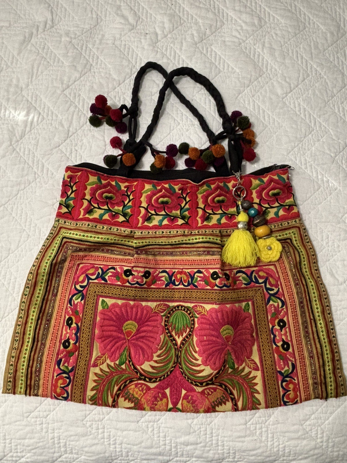 Thailand Floral Embroidered Tote Boho Hmong Hippie Woven Handbag w/Tassels