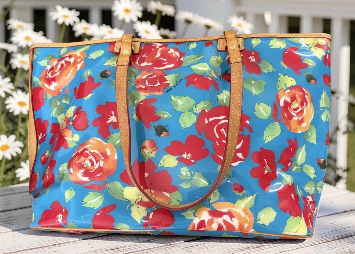Dooney Bourke Blue Red Yellow Floral Rose Large Tote Shopper Shoulder Bag
