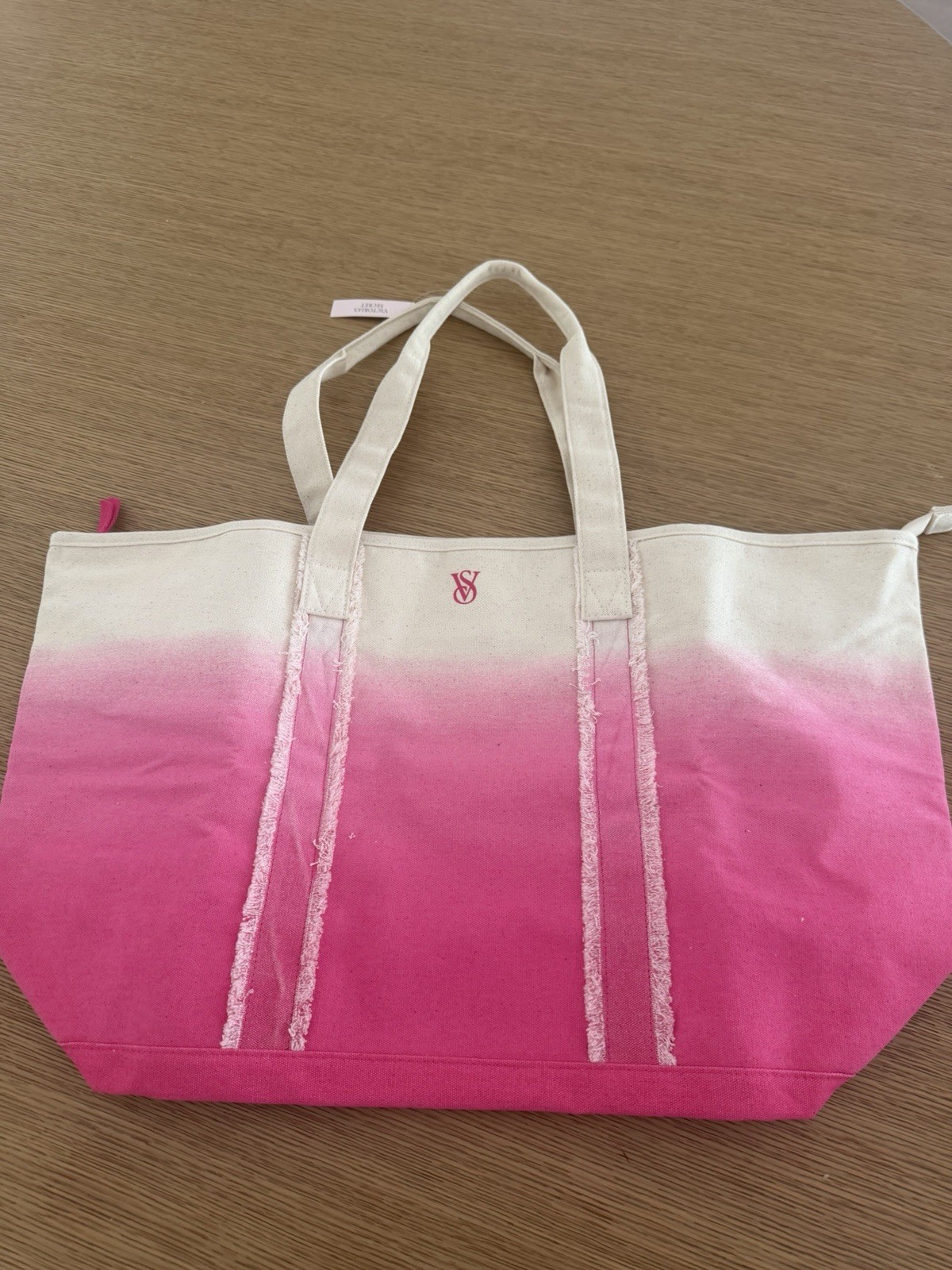 Victoria’s Secret Pink Ombré Tote Bag Zip Top Lined Logo Cream Handles