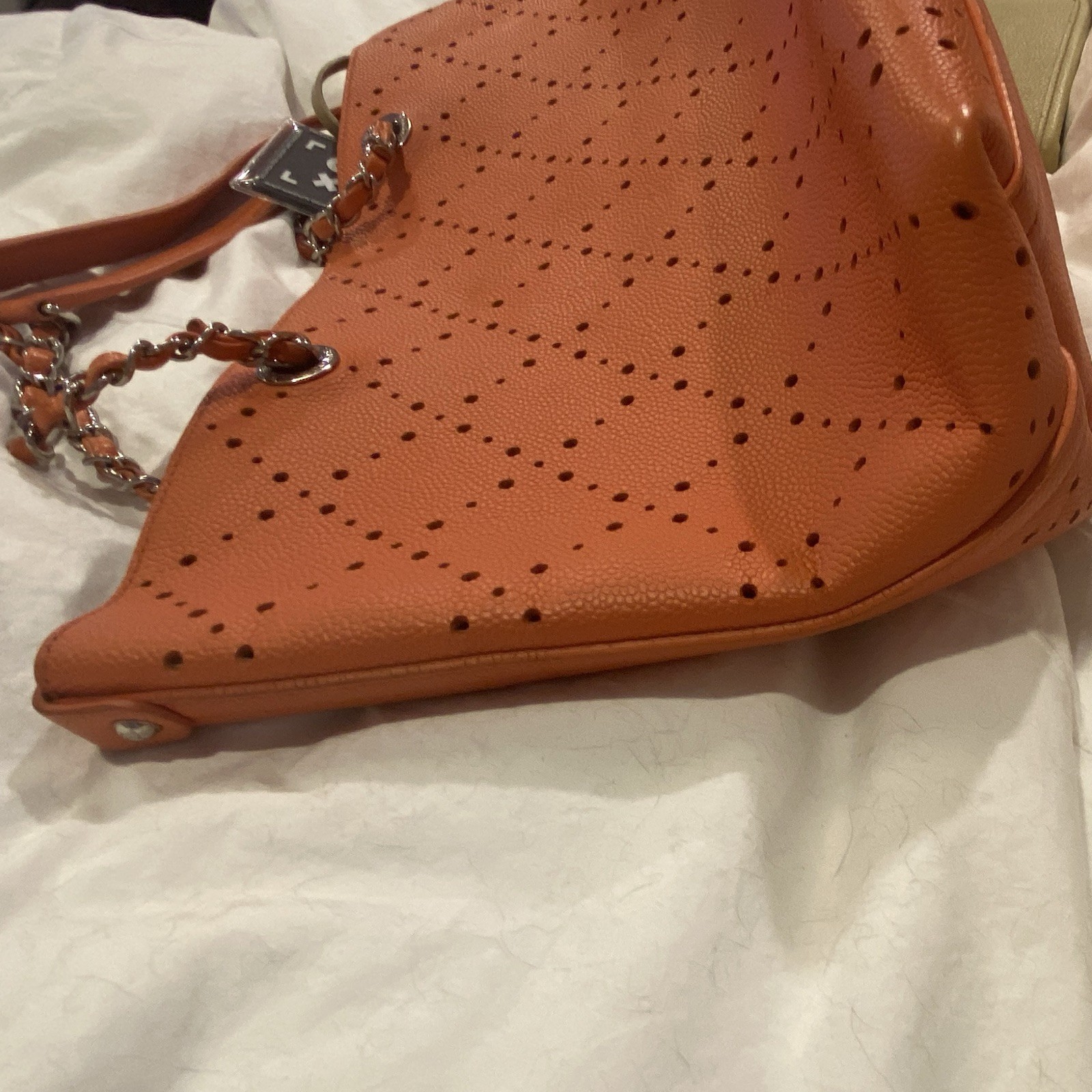 Orange Perforated Tote/Shoulder Bag w/ Pouch and Silver Hardware