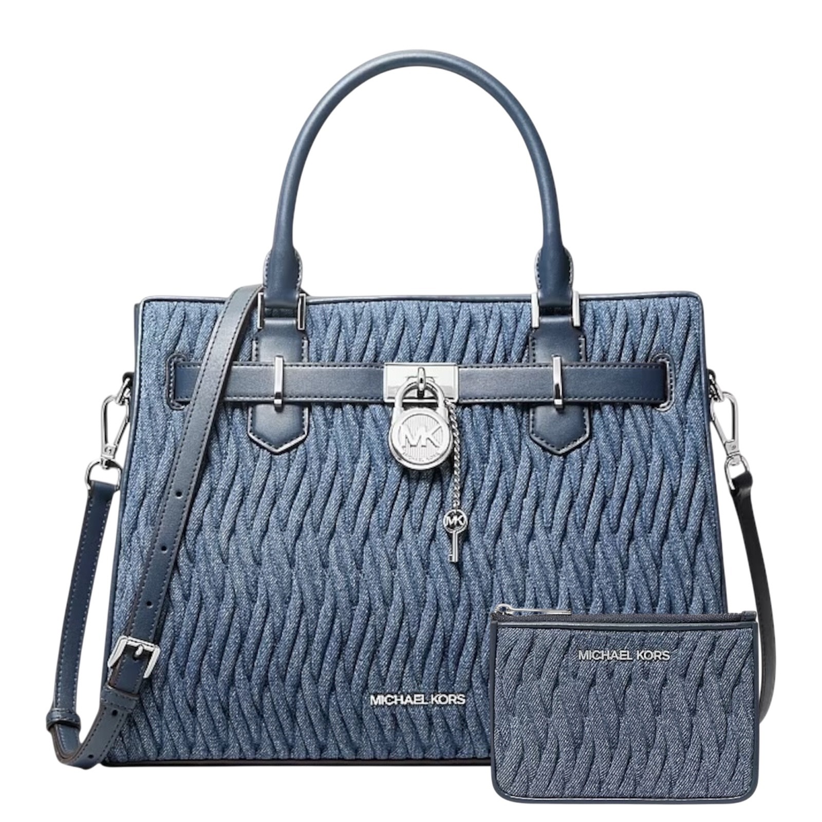Michael Kors Hamilton Medium Matelassé Denim Satchel Bag + Wallet Set Denim Blue