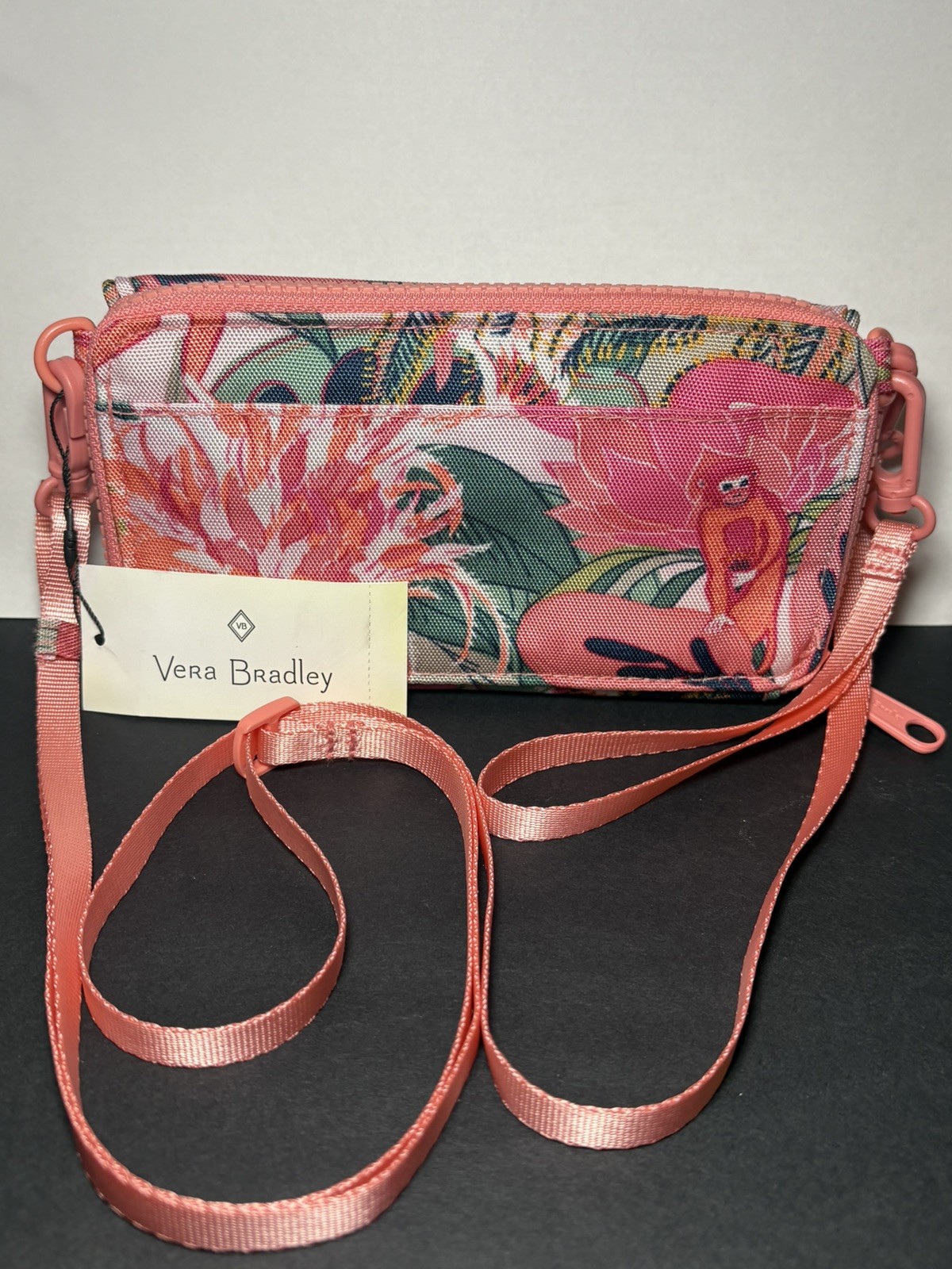 Vera Bradley Rainforest Canopy Coral Monkey Wristlet Compact Crossbody NWT