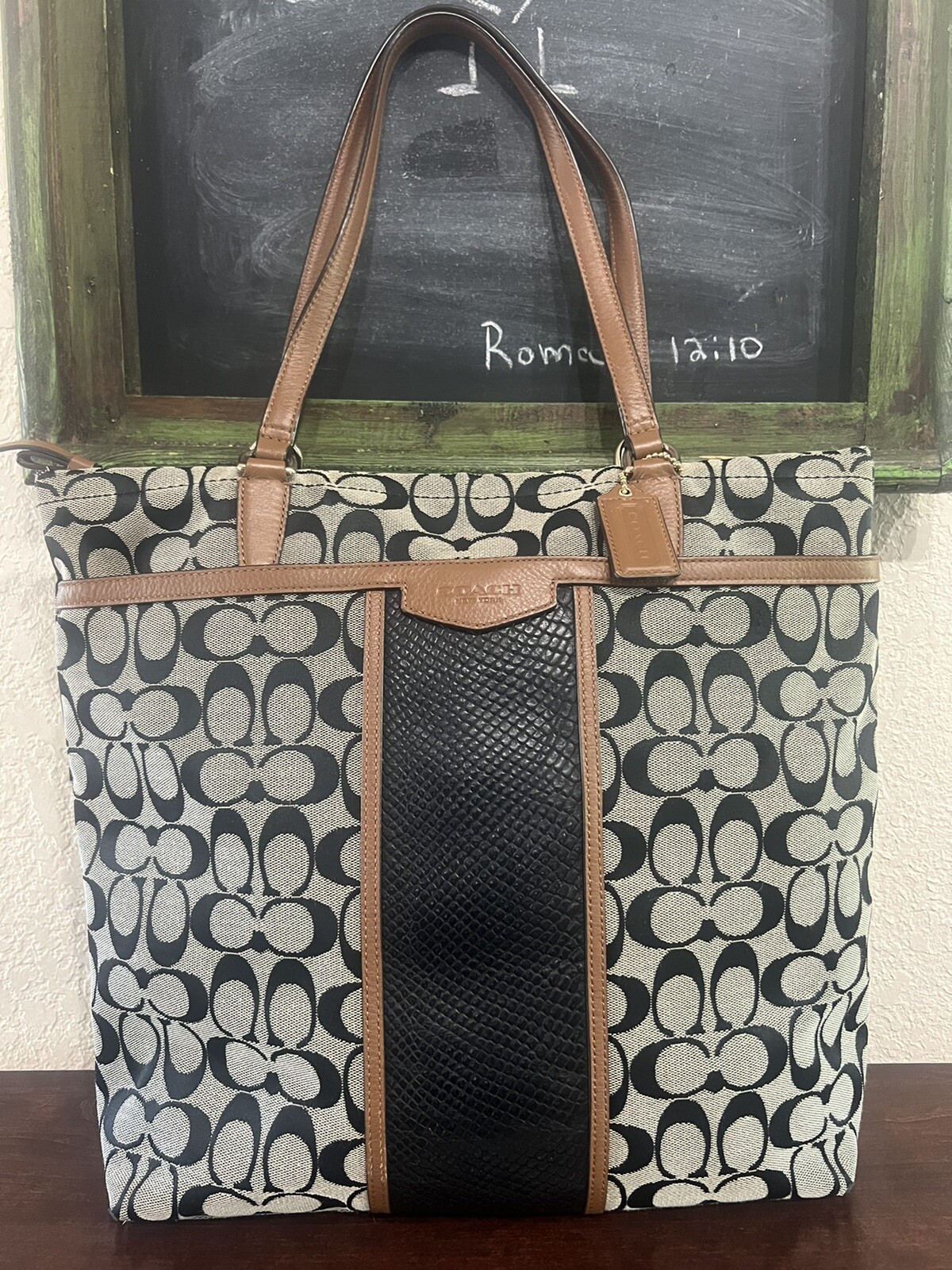 COACH Signature Snake Print Large Tote Shoulder Bag, Khaki Gray/Black #F31904
